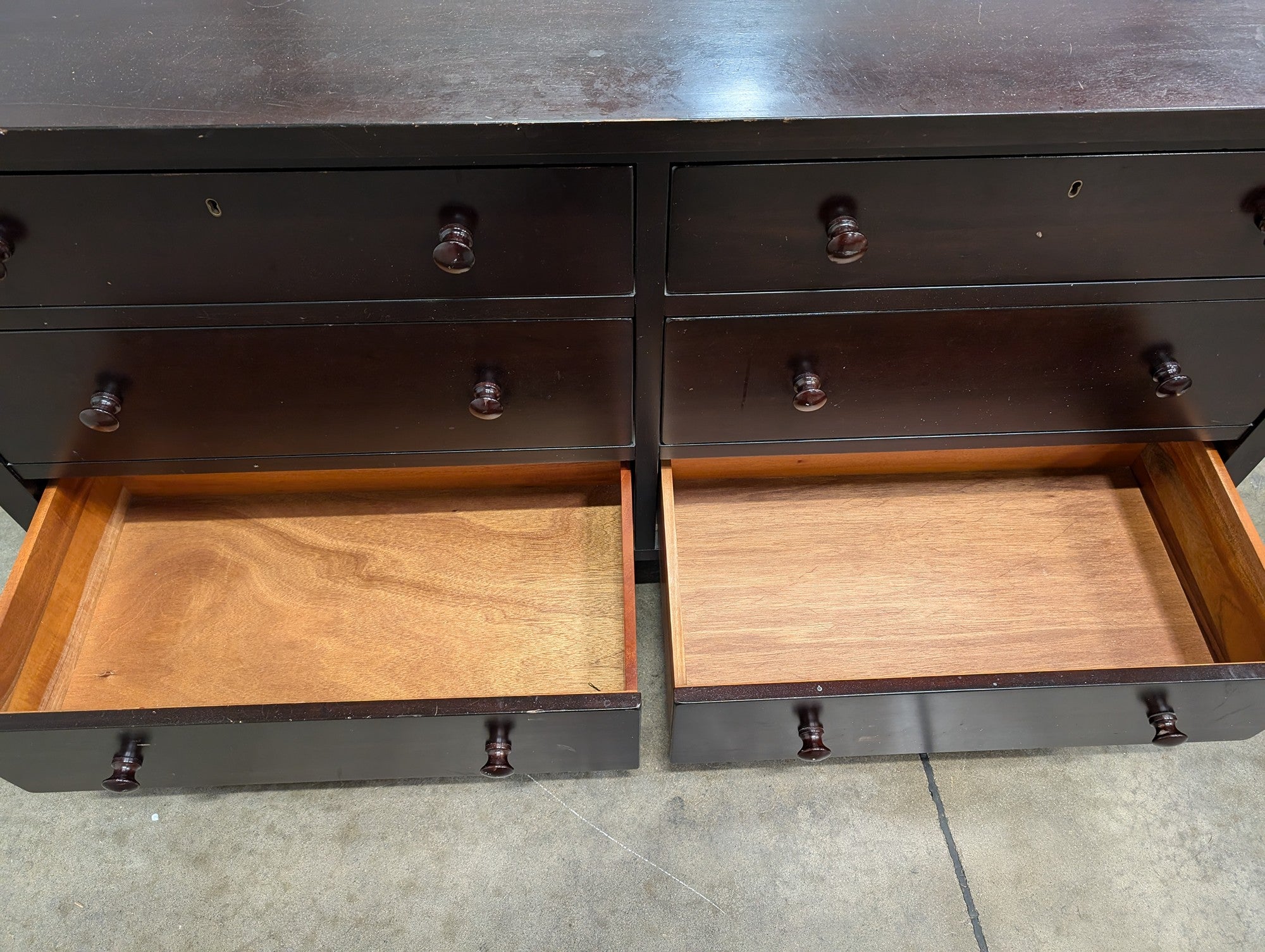 Dark Brown Six-Drawer Dresser with Knob Pulls