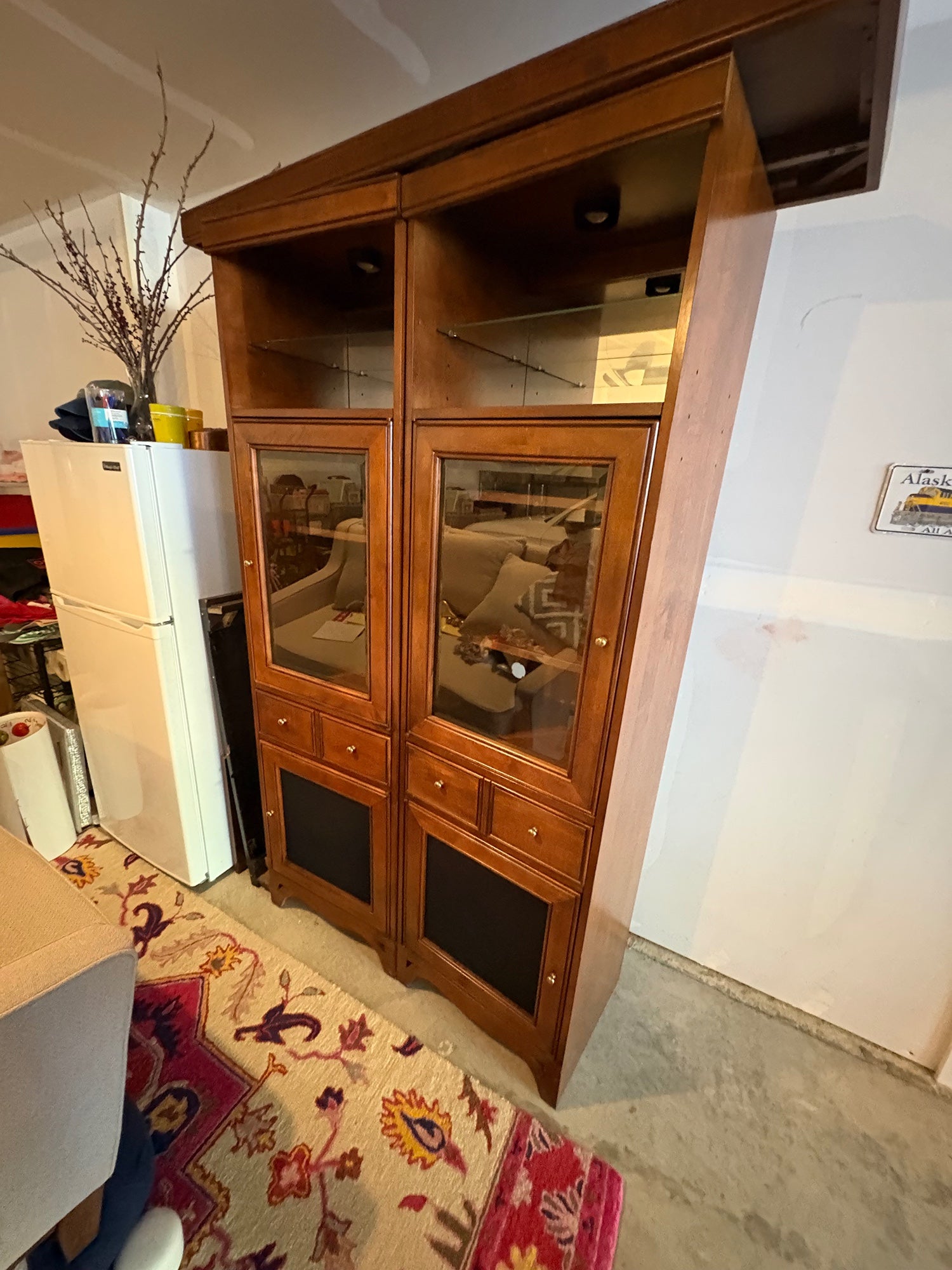 Warehouse sale--Sturdy Brown Wood Display Cabinet with Glass Doors and Storage