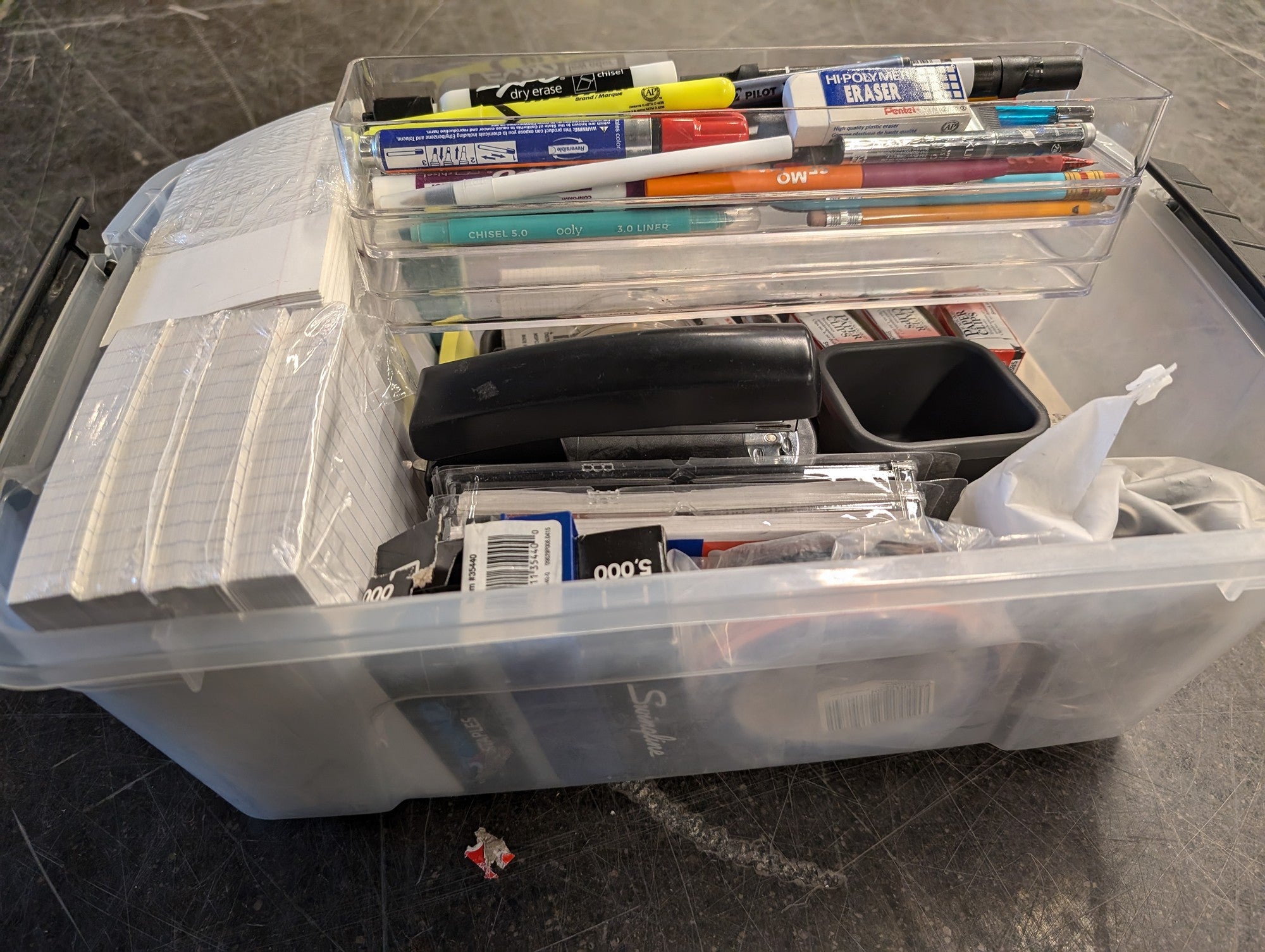 Comprehensive Assorted Office Supplies Collection with Clear Storage Organizer