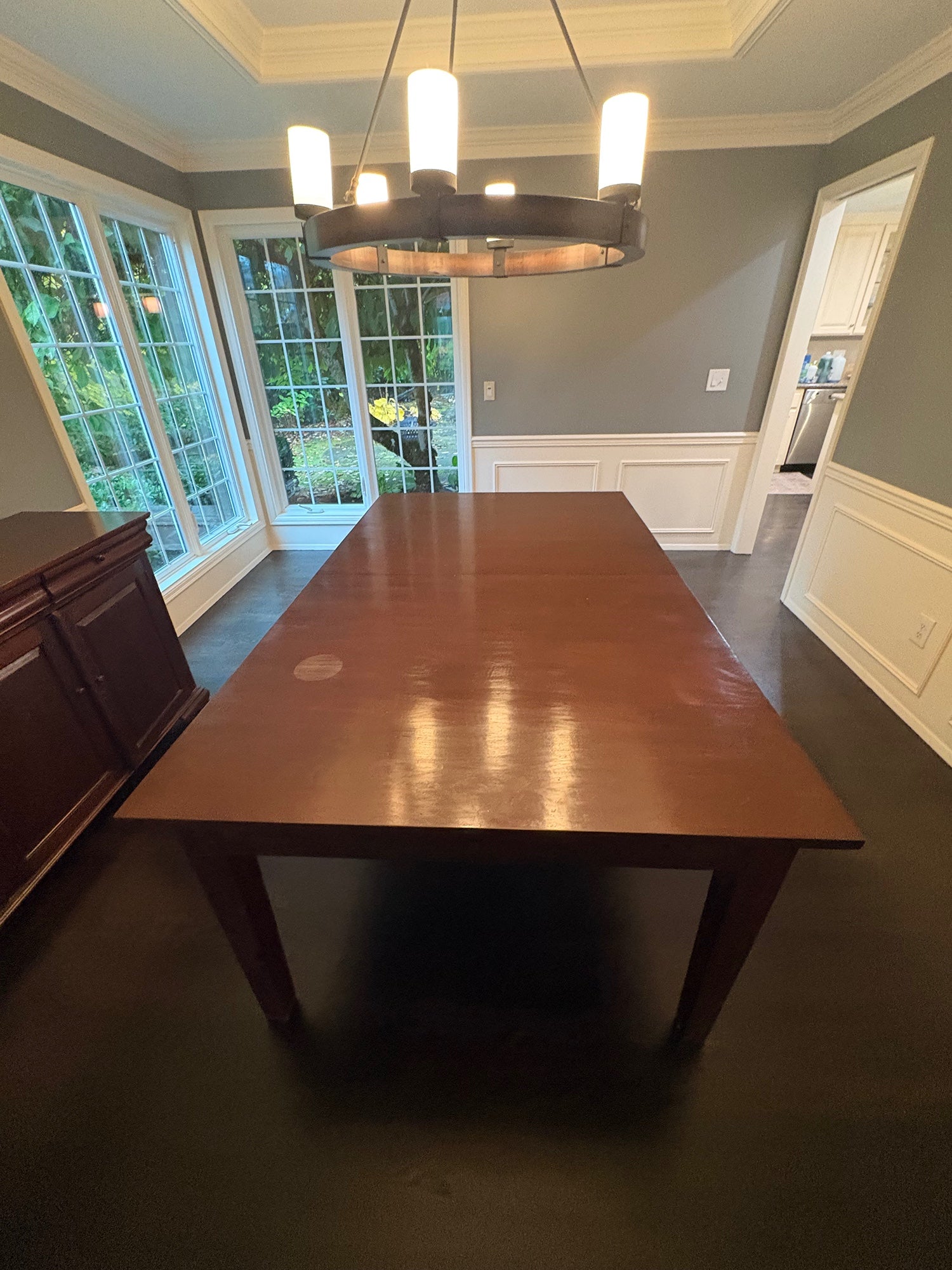 Sturdy Rectangular Dark Wood Dining Table with built in leaf and two drawers