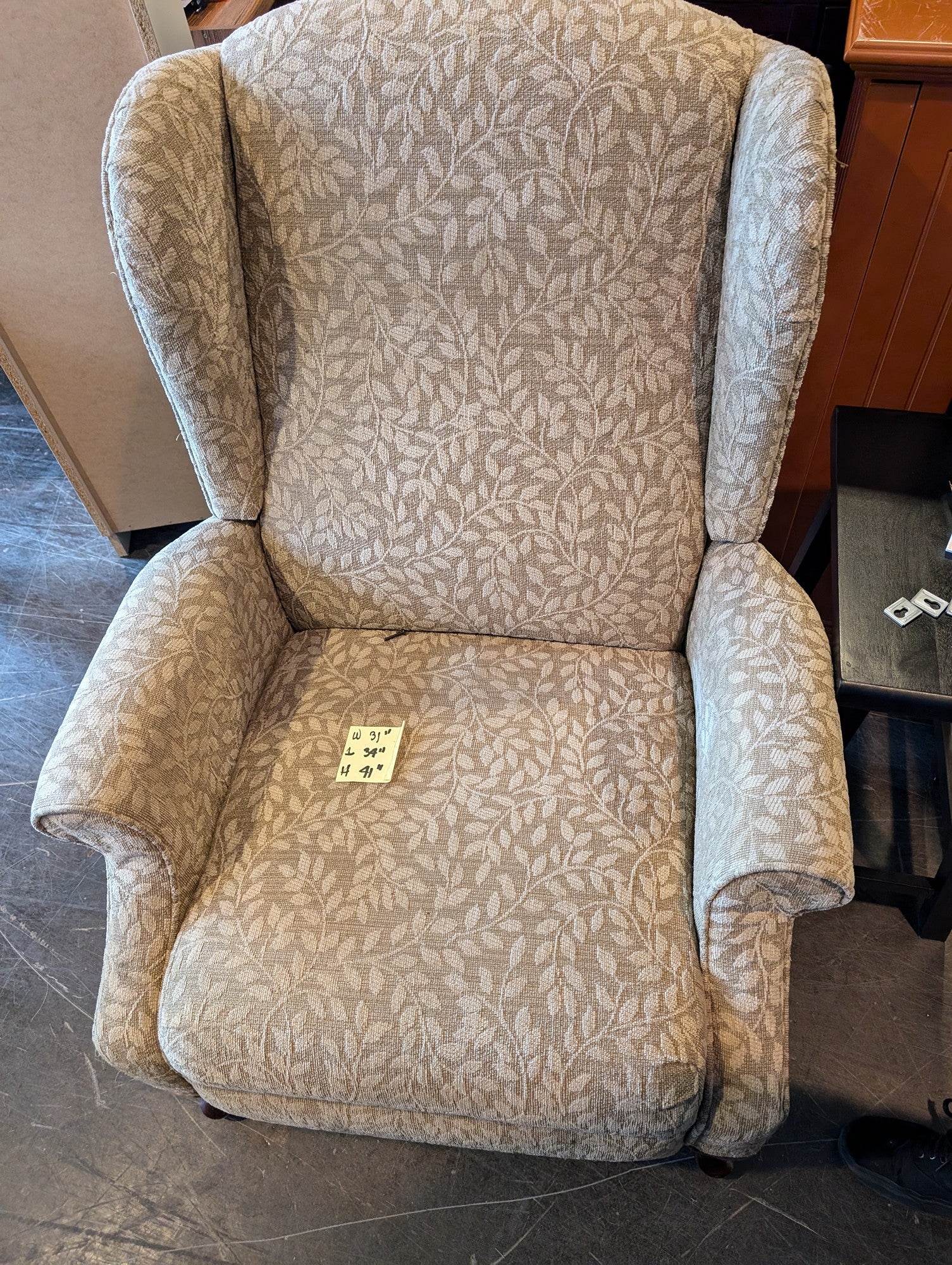 Pair of ACTION INDUSTRIES Beige Leaf Pattern Upholstered Wingback Recliner Chair