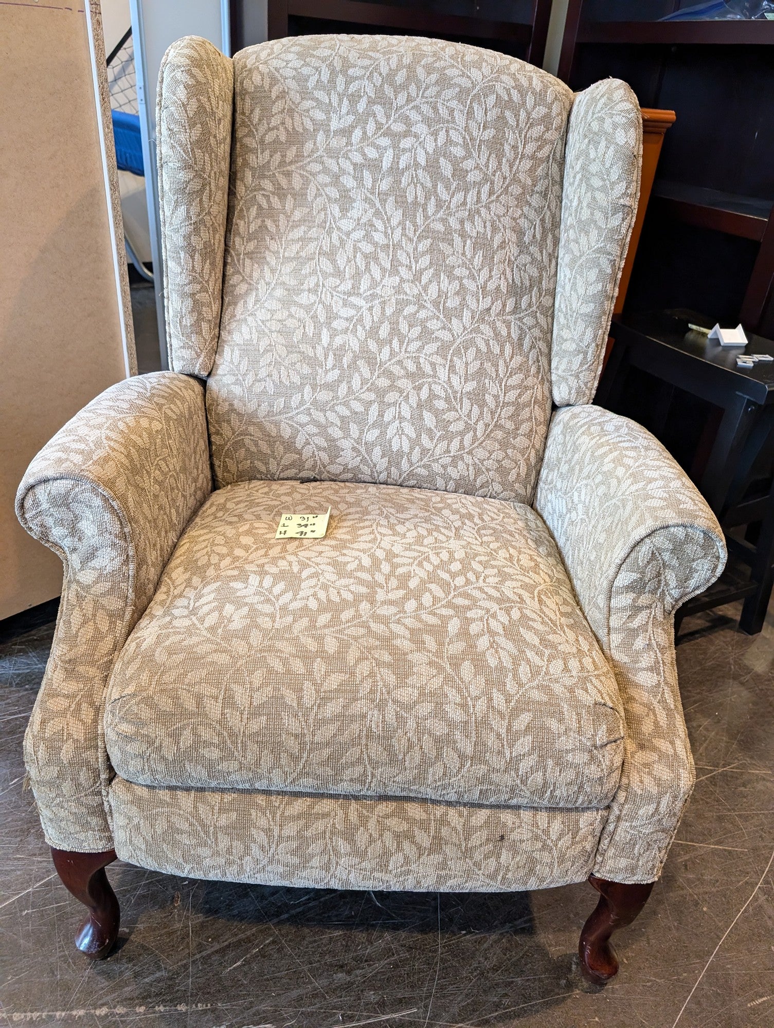 Pair of ACTION INDUSTRIES Beige Leaf Pattern Upholstered Wingback Recliner Chair