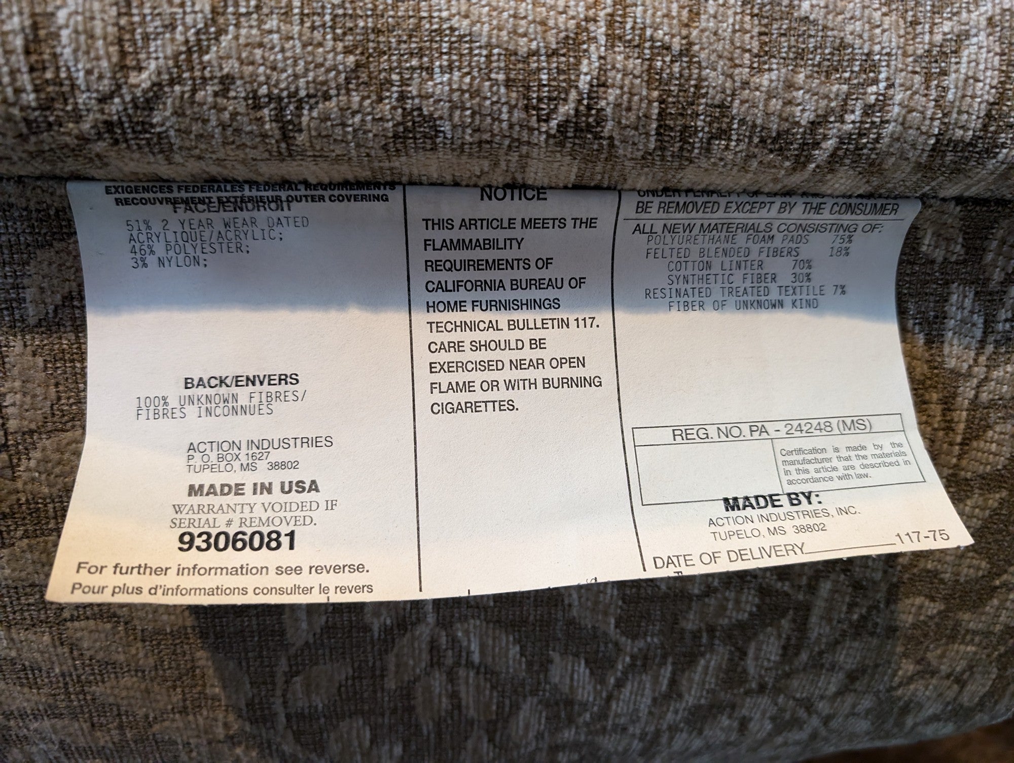 Pair of ACTION INDUSTRIES Beige Leaf Pattern Upholstered Wingback Recliner Chair