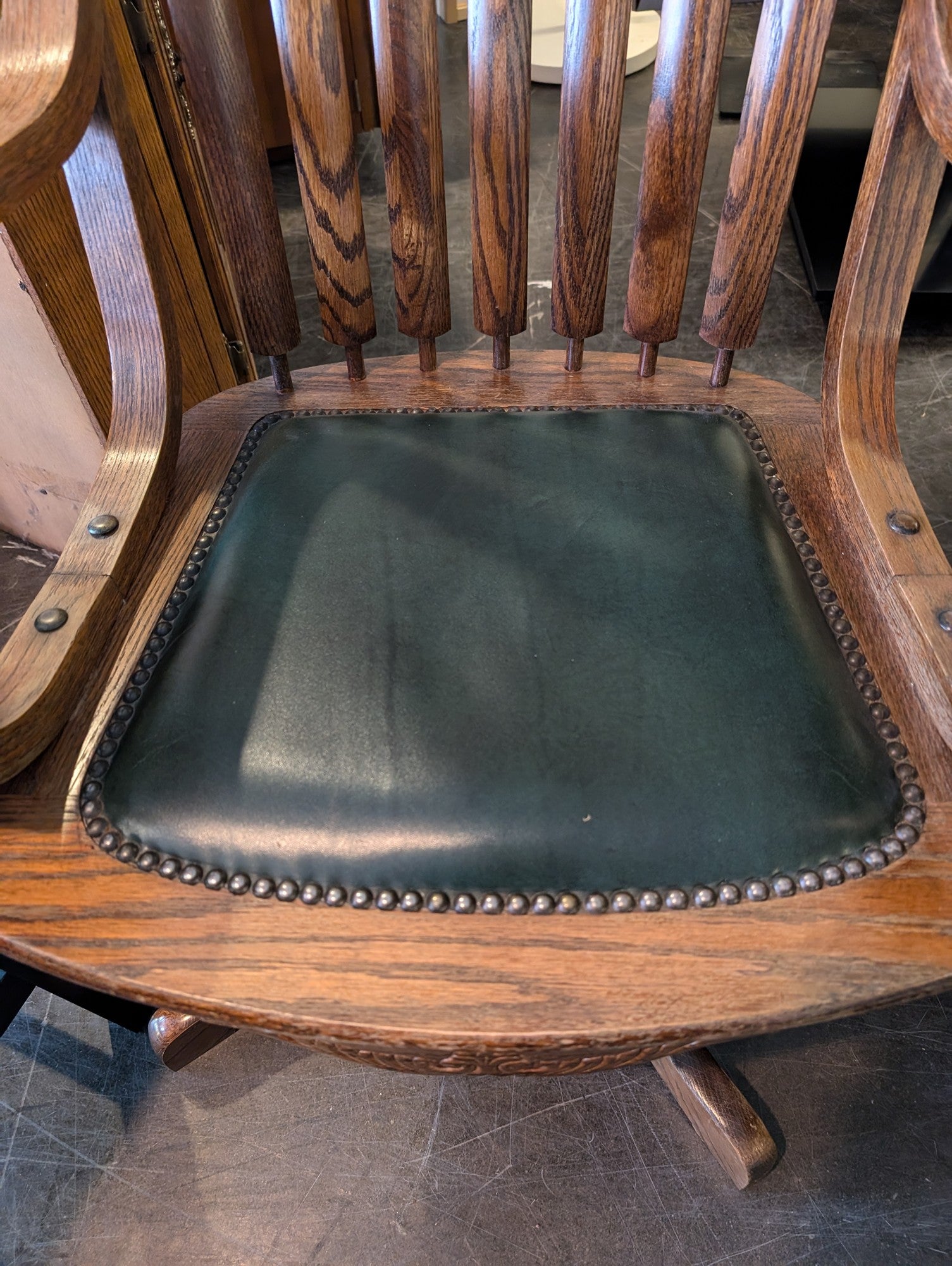 Vintage Oak Swivel Desk Chair with Green Upholstery