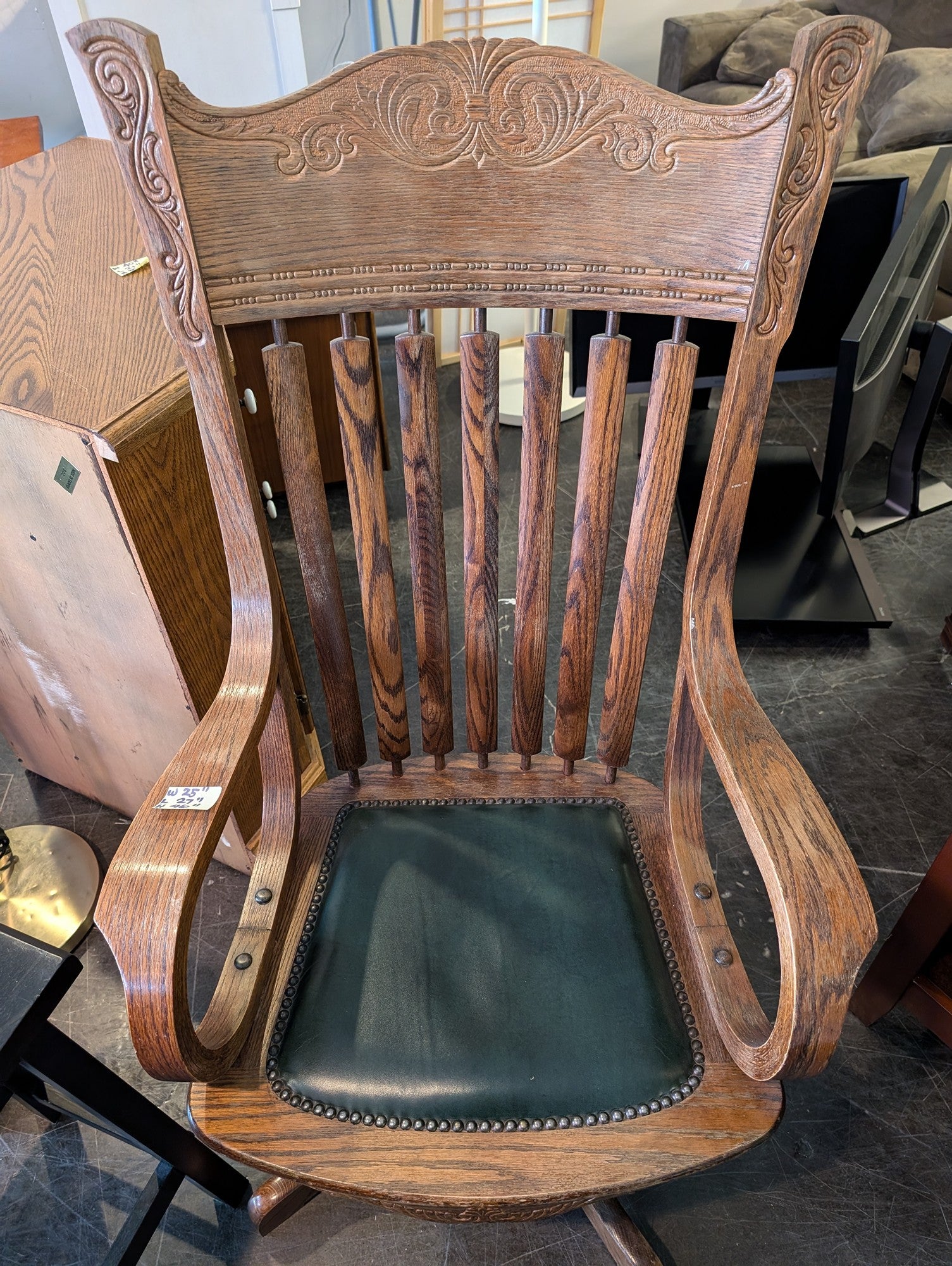 Vintage Oak Swivel Desk Chair with Green Upholstery