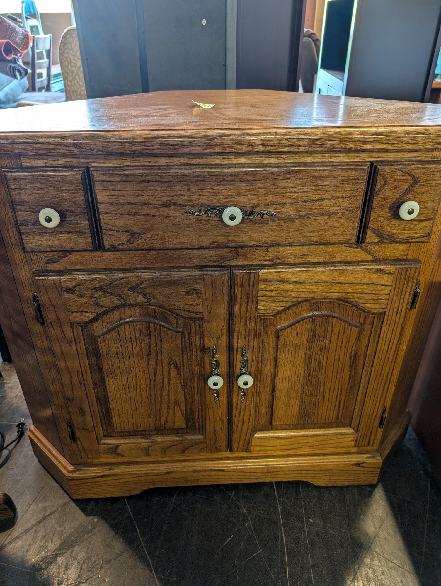 Solid Oak Wood Corner Storage Cabinet with Drawer