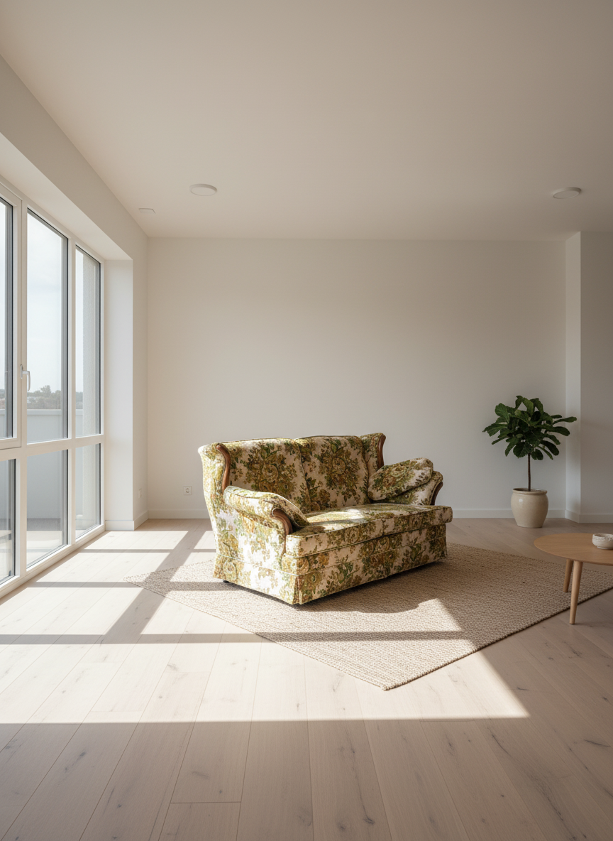 Vintage Floral Upholstered Two-Seater Sofa with Wood Accents