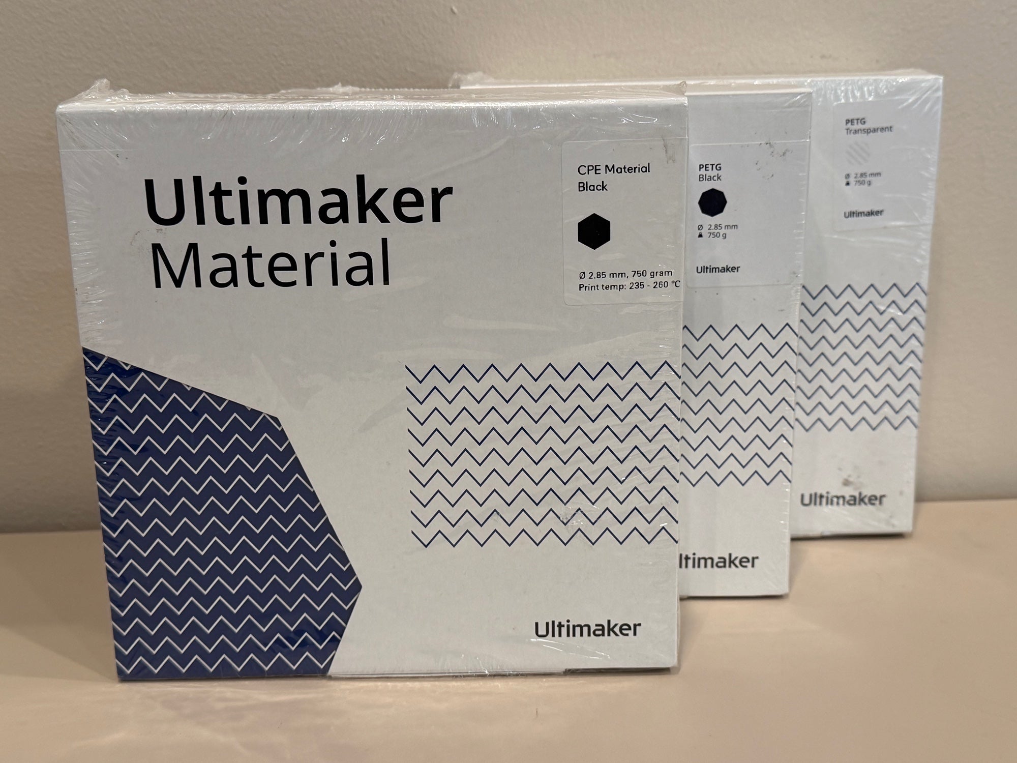 Lot of Three (3) Ultimaker 2.85mm 3D Printer Filament Bundle - CPE Black, PETG Black, PETG Transparent - Brand New (Dmg to Box)