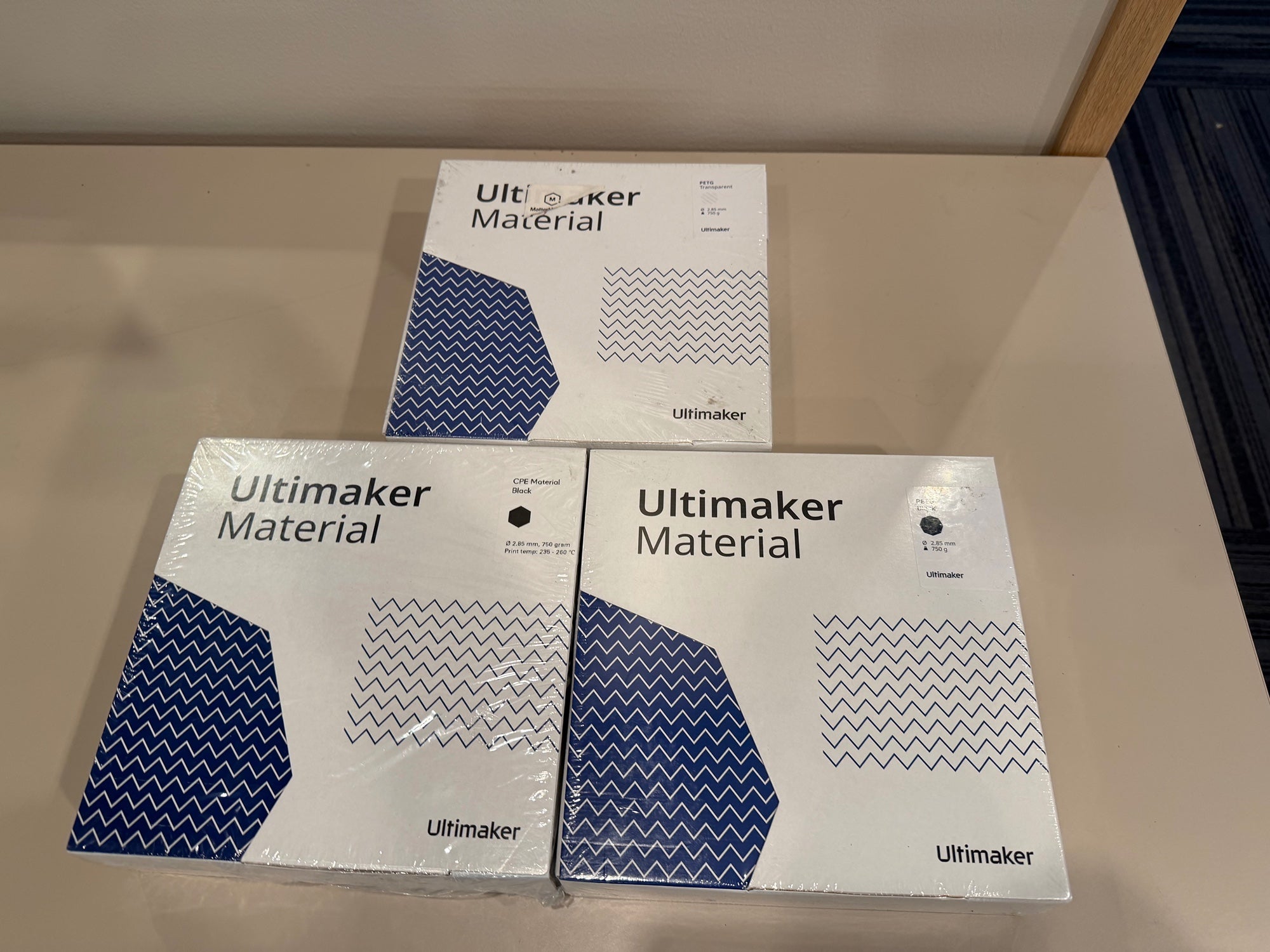 Lot of Three (3) Ultimaker 2.85mm 3D Printer Filament Bundle - CPE Black, PETG Black, PETG Transparent - Brand New (Dmg to Box)