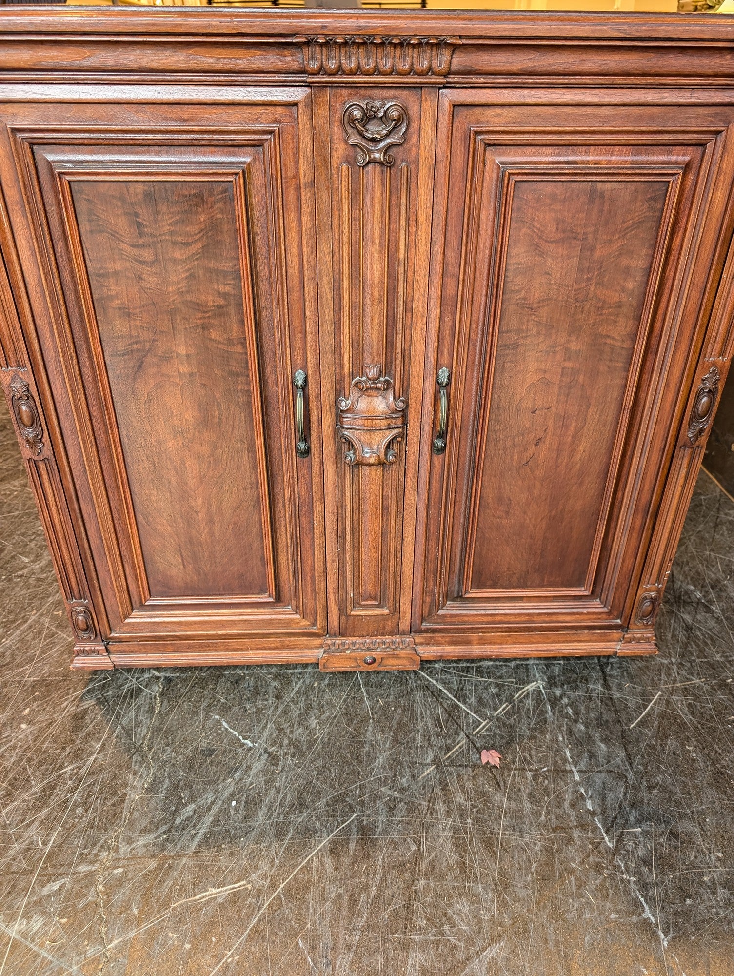 Ornate Carved Wood Sideboard Cabinet with Inlaid Panels