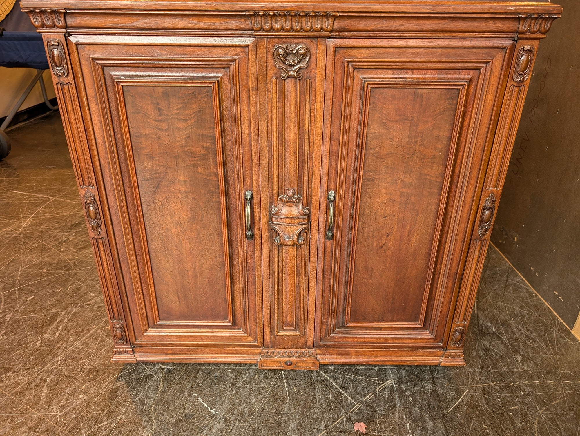 Ornate Carved Wood Sideboard Cabinet with Inlaid Panels