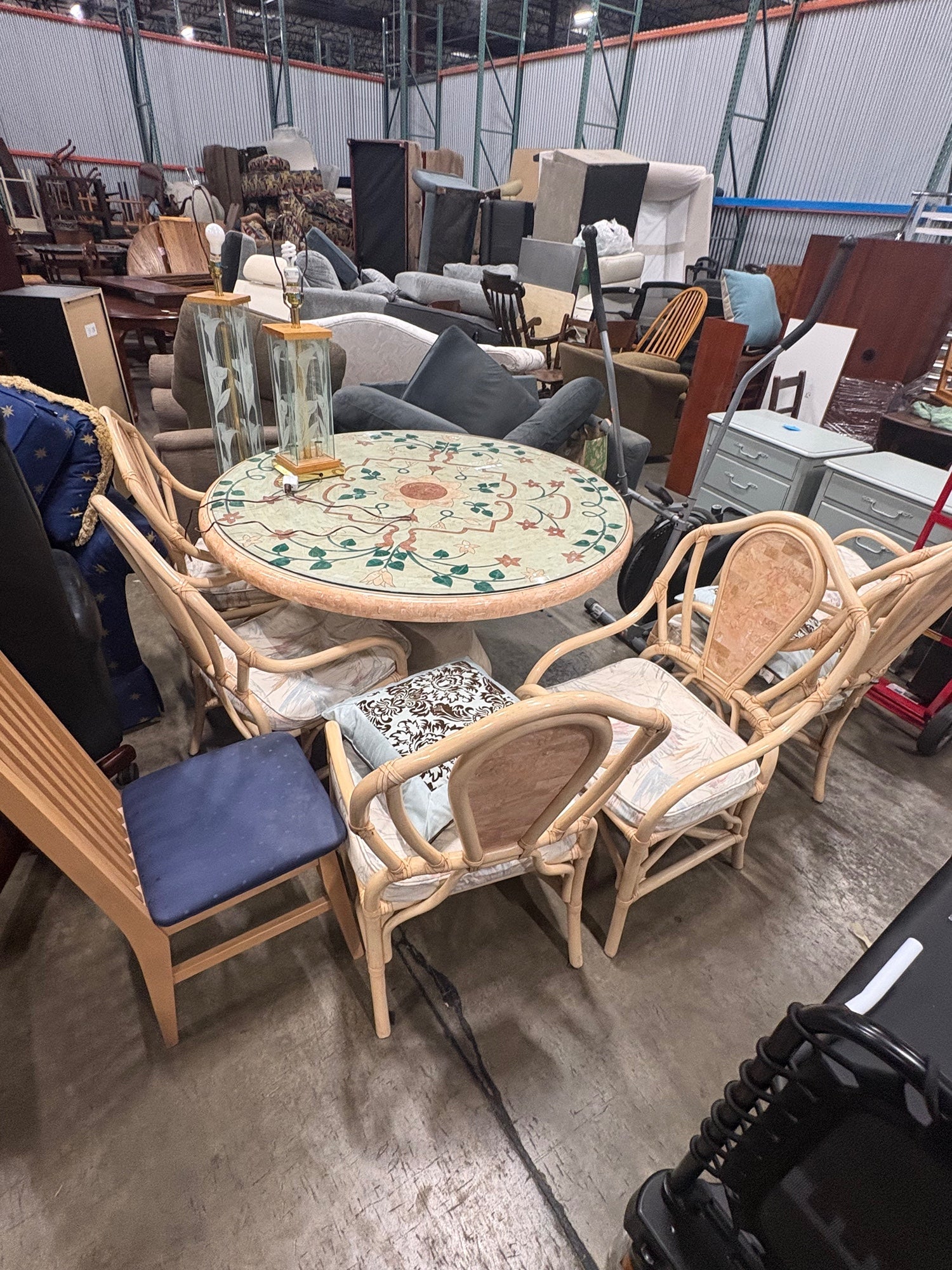 Rattan faux stone table and Set of Six Chairs