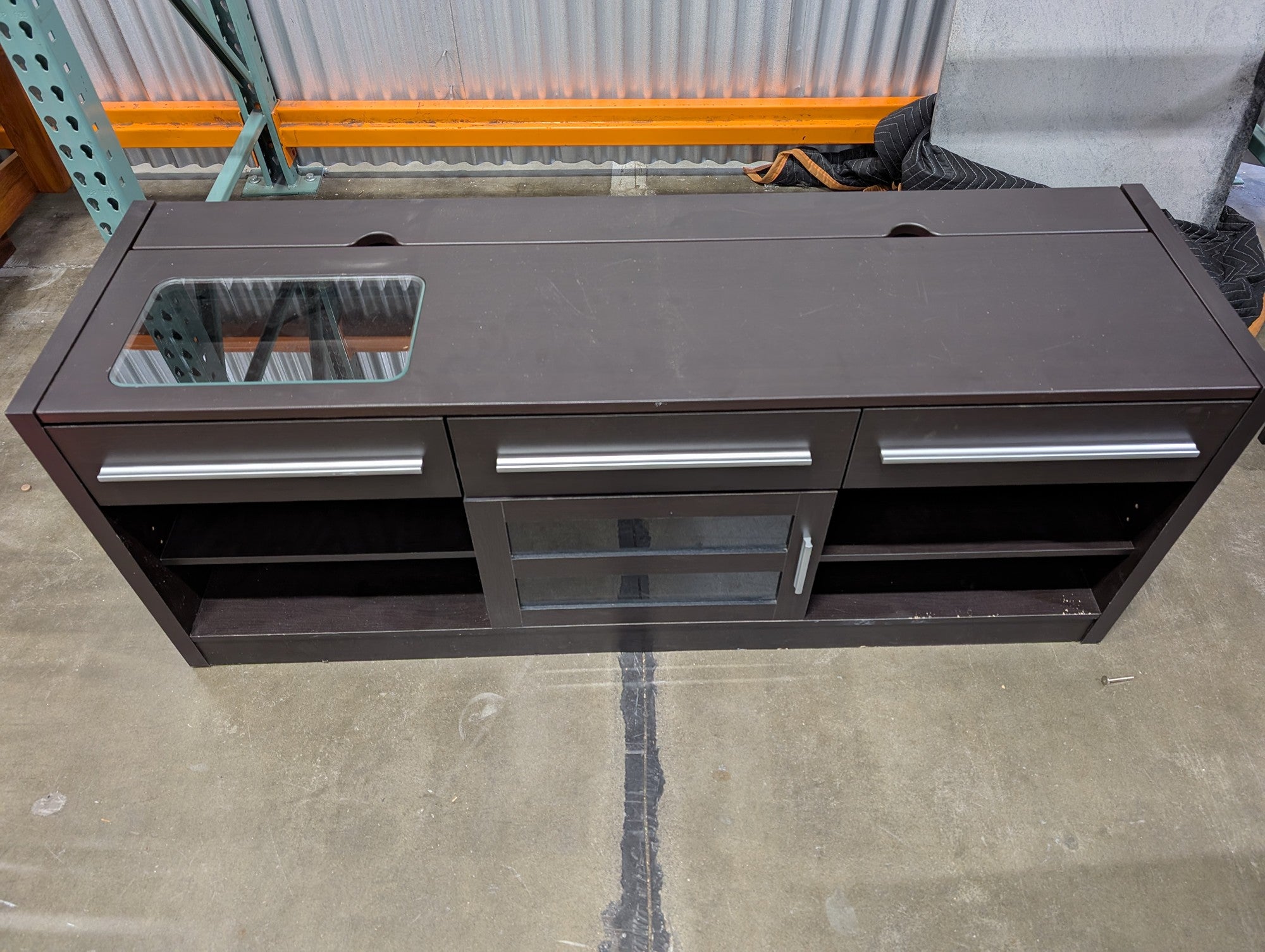 Modern Dark Brown Media Console with Glass Accent and Storage