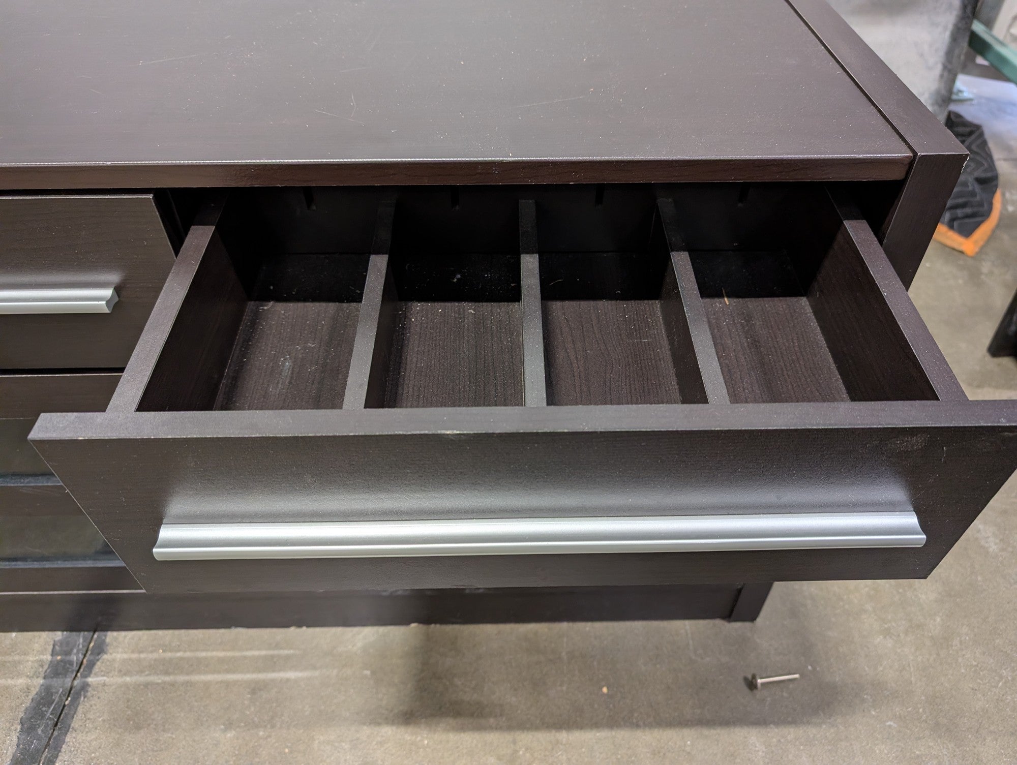 Modern Dark Brown Media Console with Glass Accent and Storage