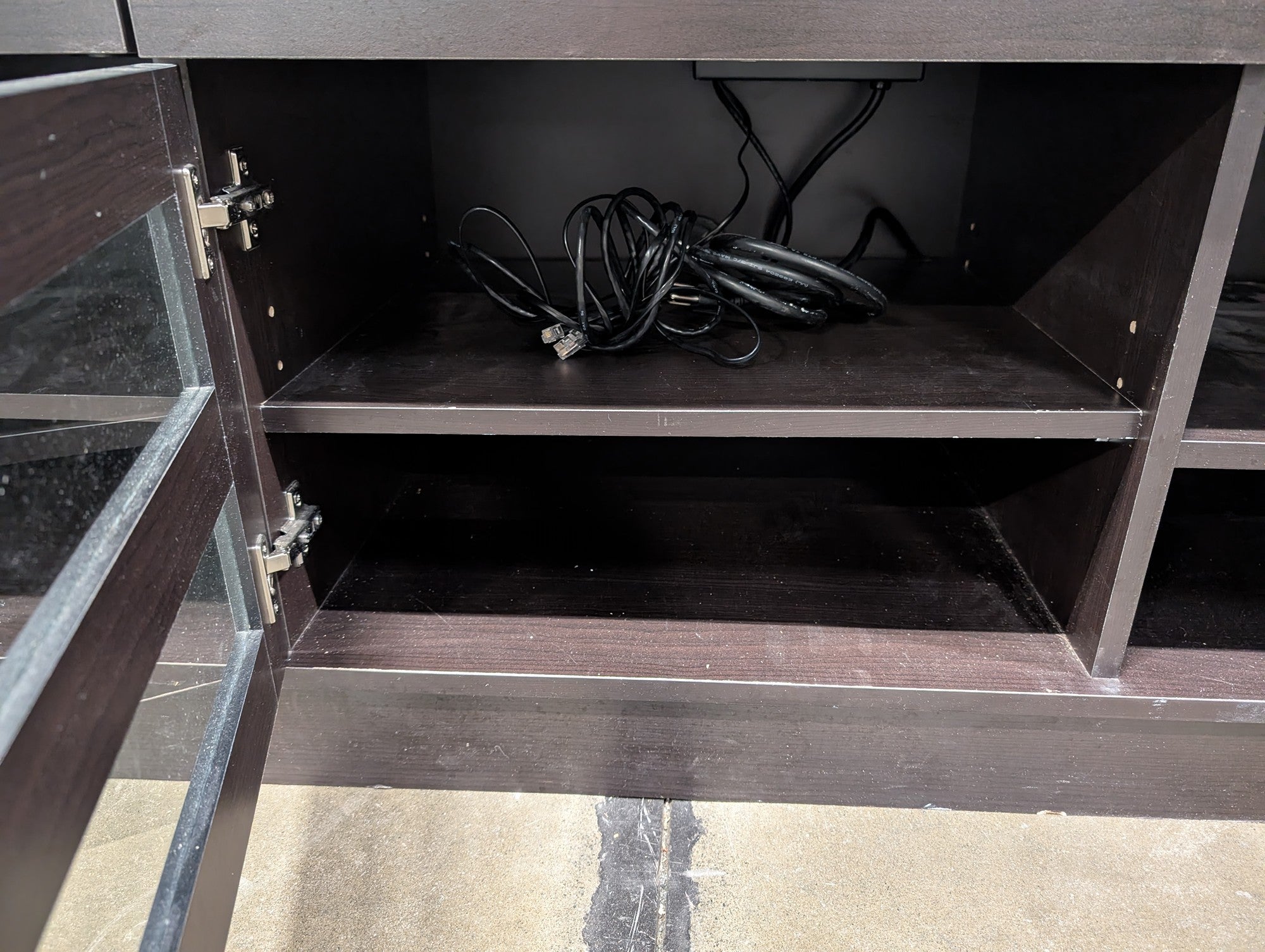 Modern Dark Brown Media Console with Glass Accent and Storage