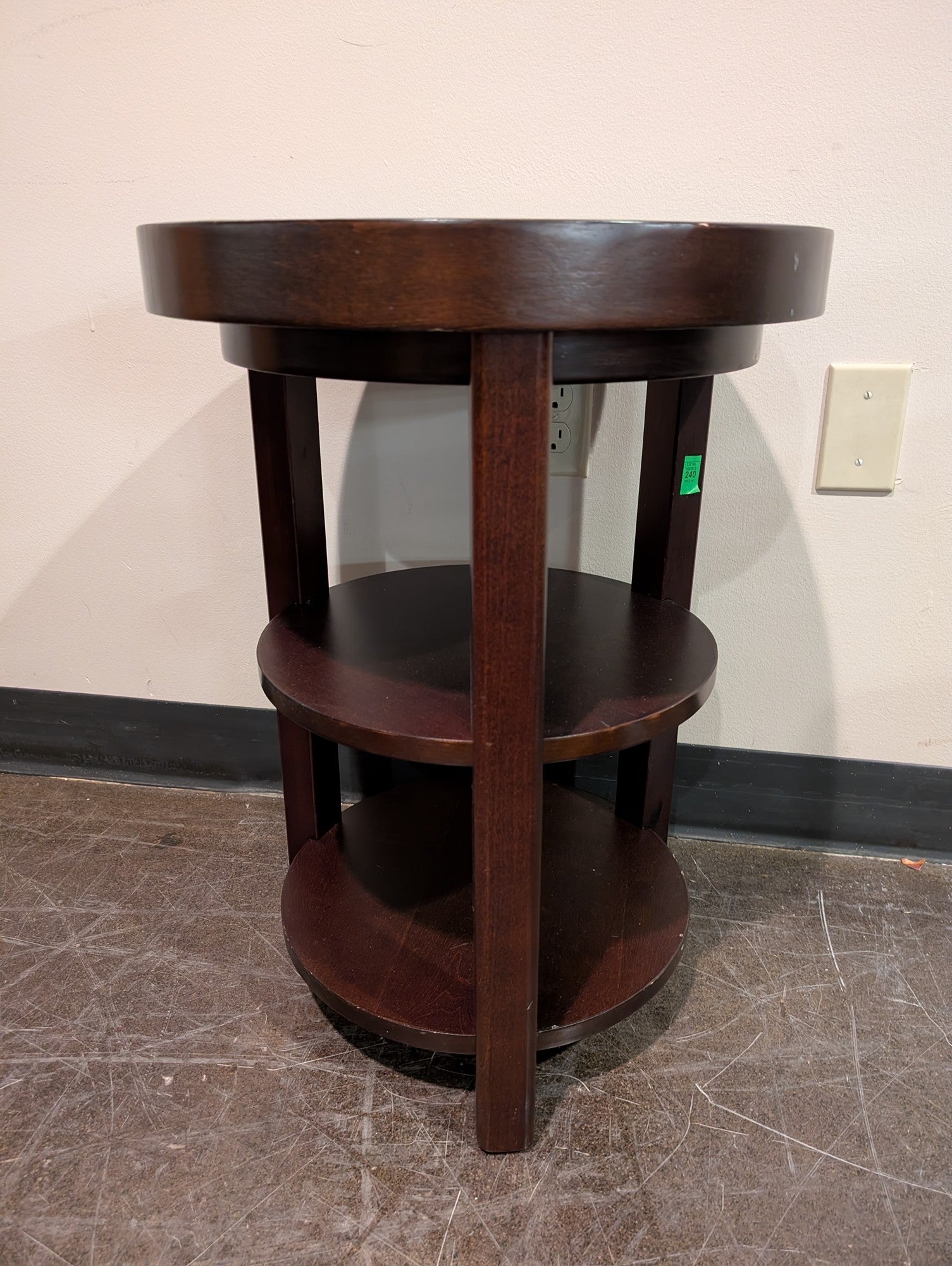 Rich Dark Wood Round Accent Table with Tiered Shelves and Detachable Tray