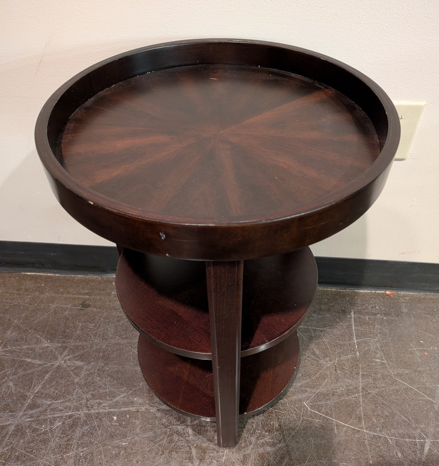 Rich Dark Wood Round Accent Table with Tiered Shelves and Detachable Tray