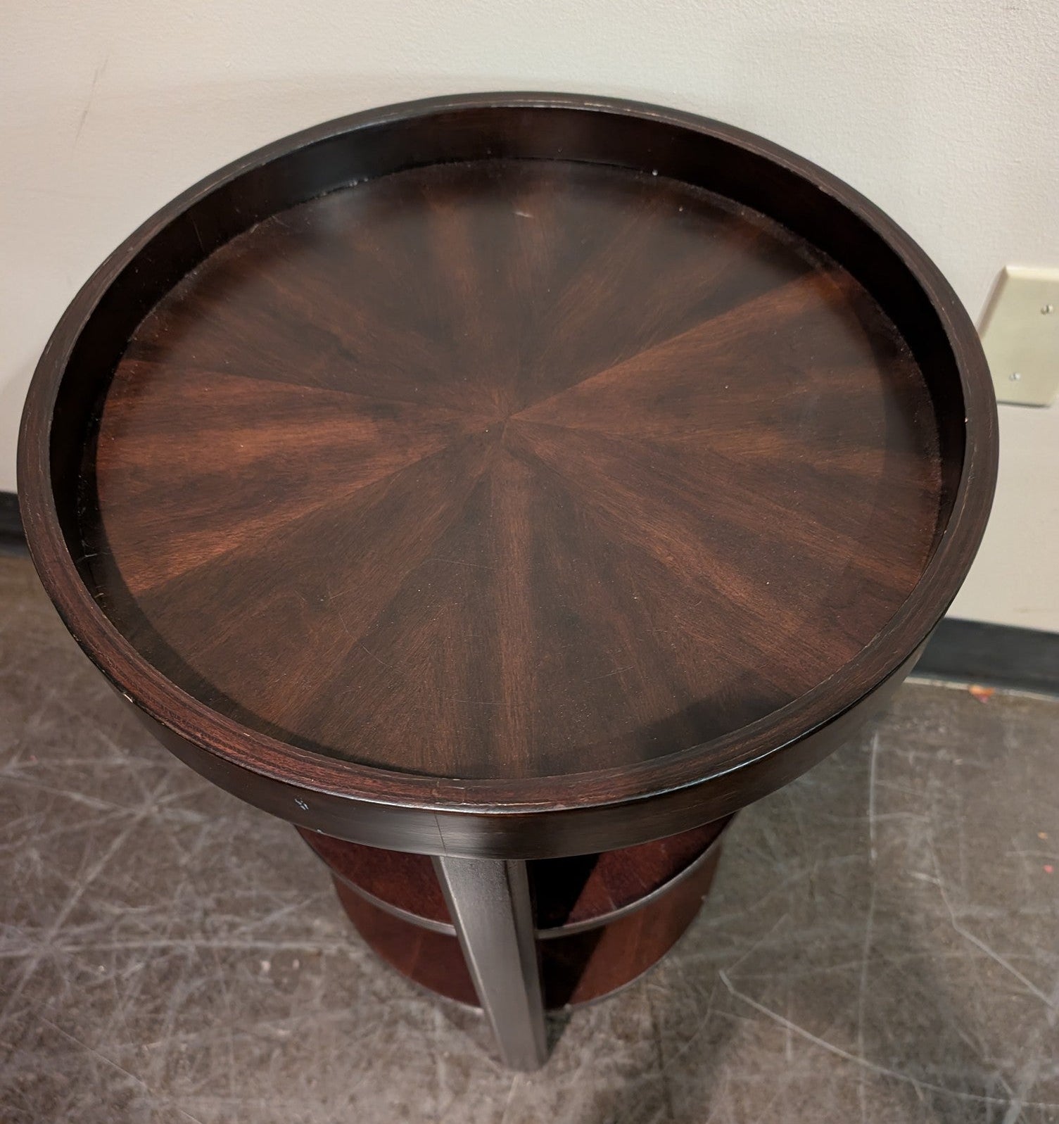 Rich Dark Wood Round Accent Table with Tiered Shelves and Detachable Tray