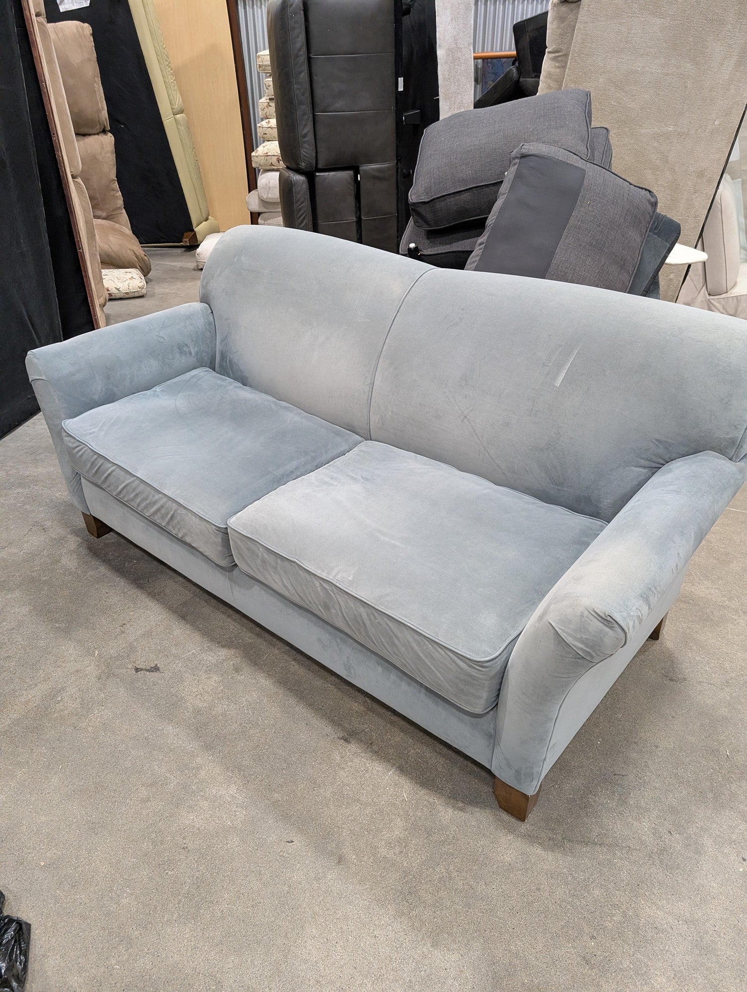 Classic Light Blue-Grey Fabric Sofa with Rolled Arms