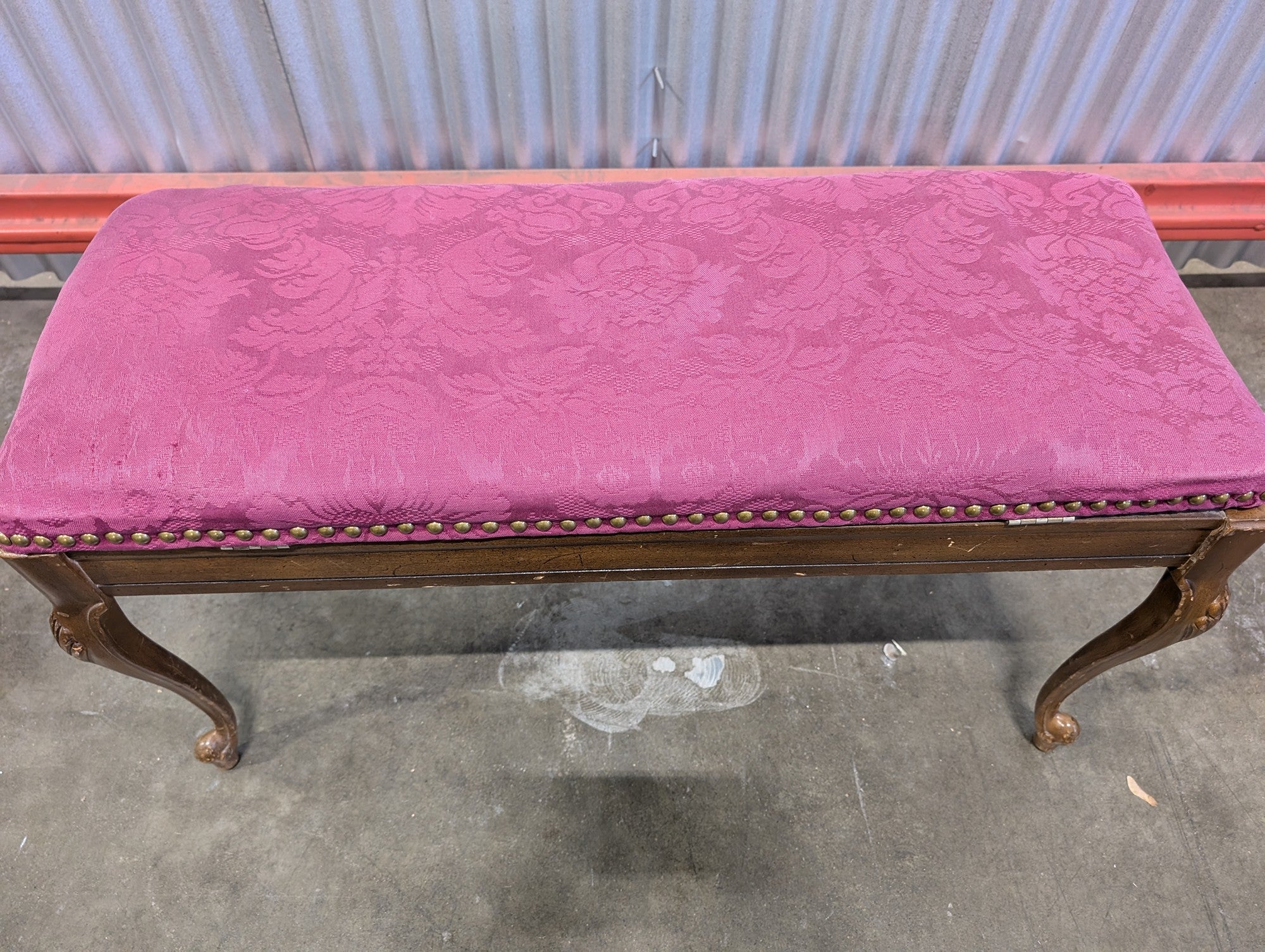 Magenta Damask Upholstered Storage Bench with Carved Wood Legs