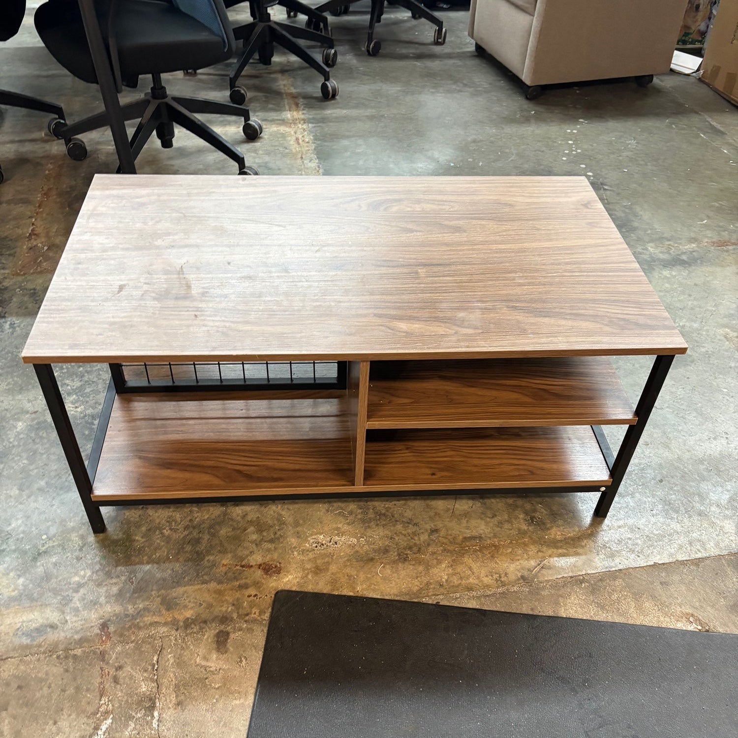 Modern Industrial Wood Grain Coffee Table with Storage Shelves