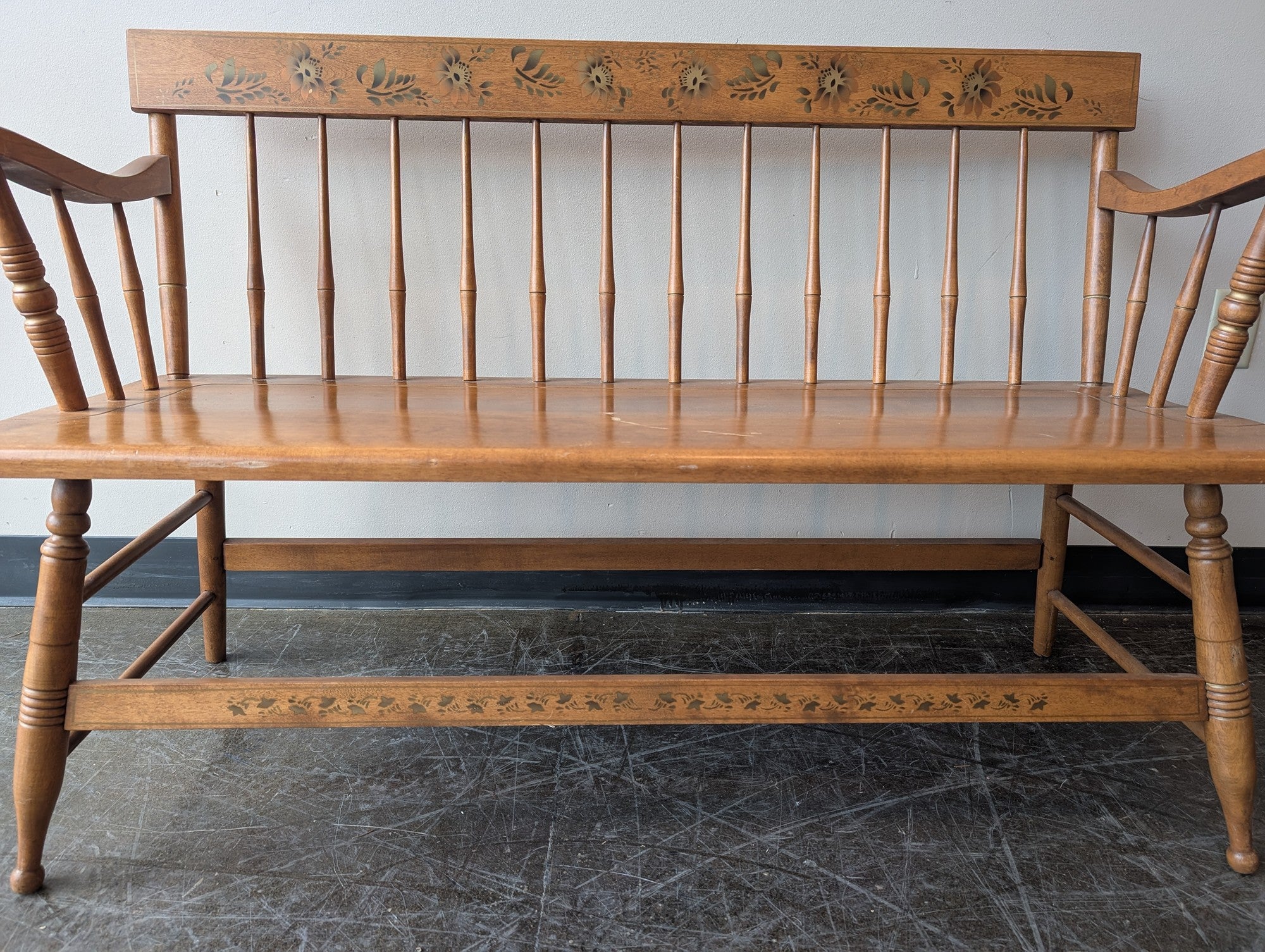 S. Bent & Bros. Colonial Spindle Back Wood Settee with Floral Stencil