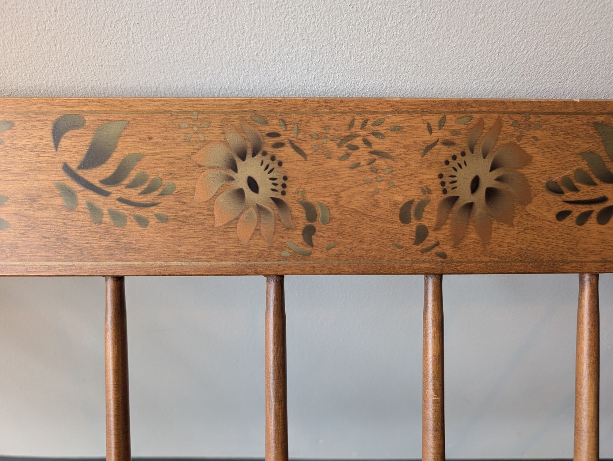 S. Bent & Bros. Colonial Spindle Back Wood Settee with Floral Stencil