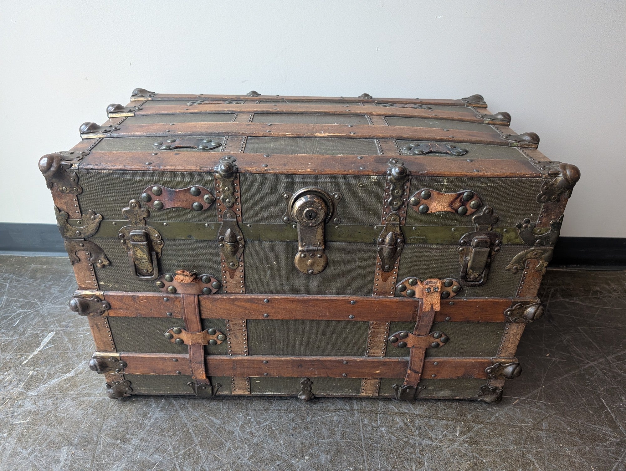 Vintage Domed Top Steamer Trunk with Wood Slats