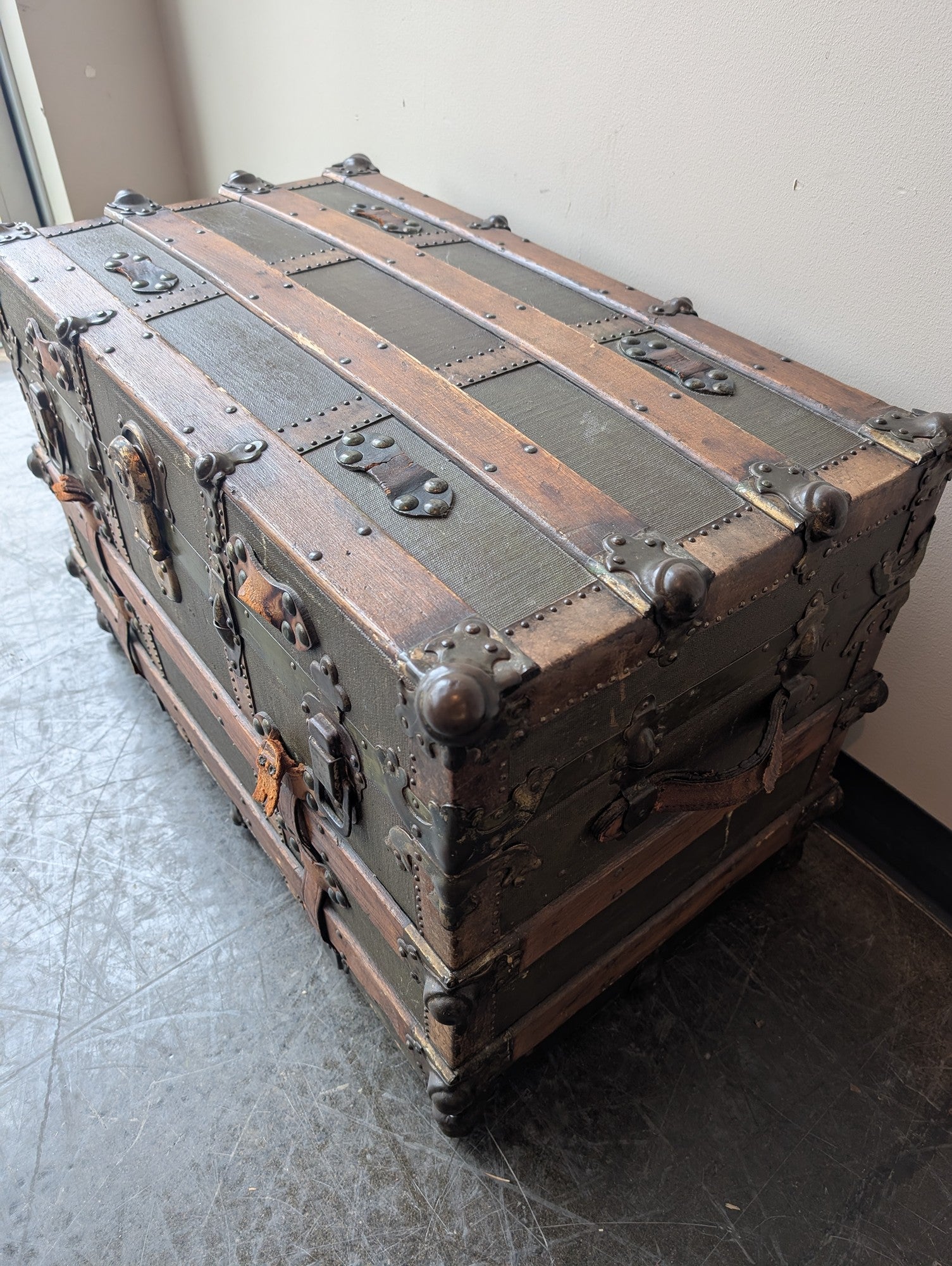 Vintage Domed Top Steamer Trunk with Wood Slats