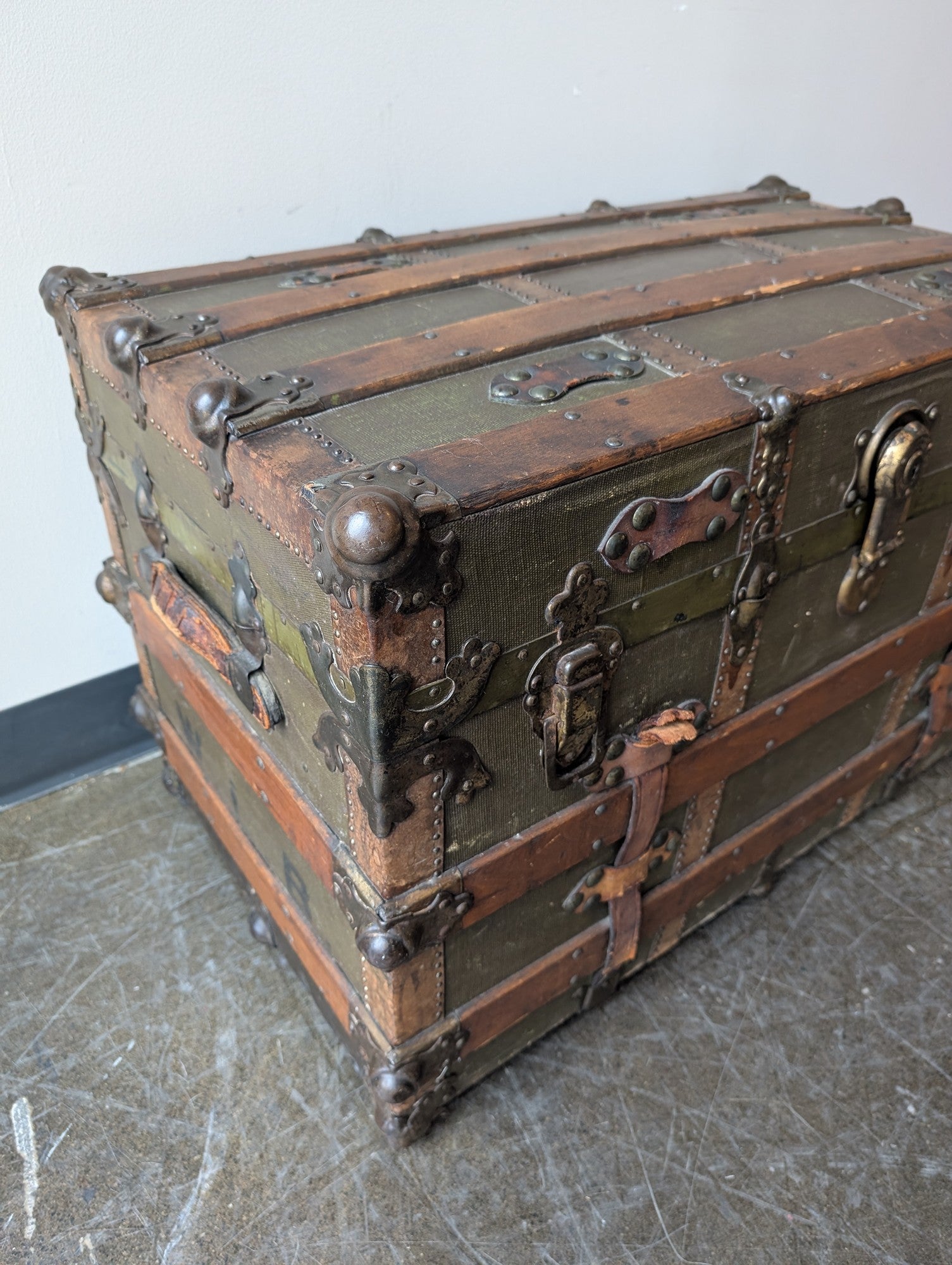 Vintage Domed Top Steamer Trunk with Wood Slats