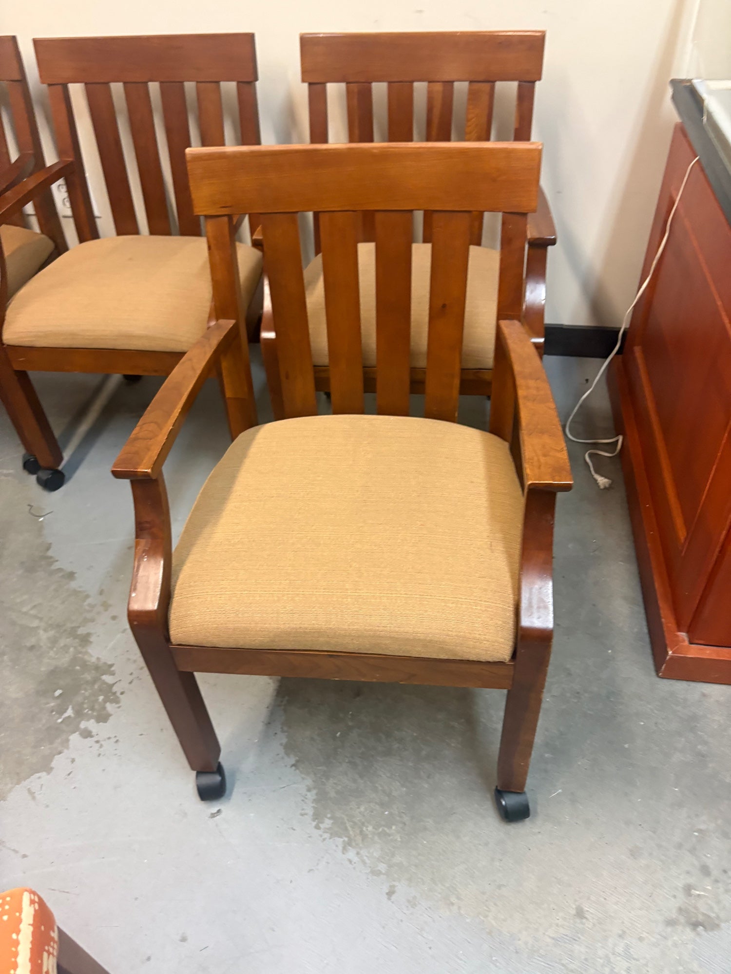 Brown Wood Armchair with Slatted Back and Upholstered Seat