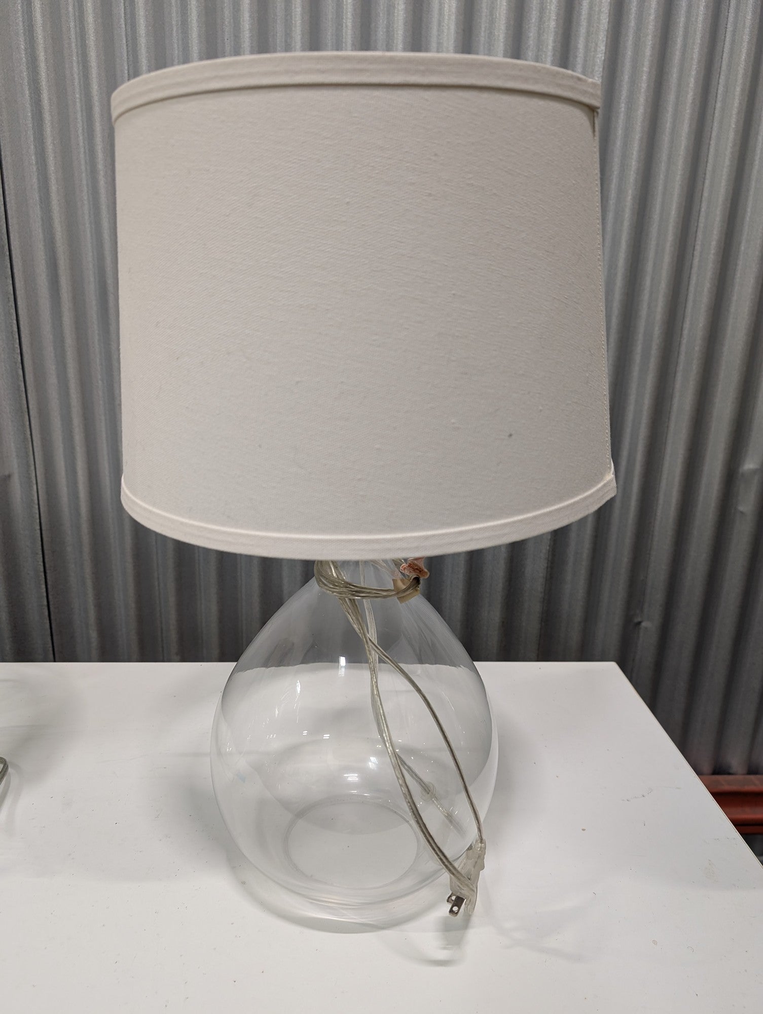 Modern Clear Glass Teardrop Table Lamp with Fabric Drum Shade