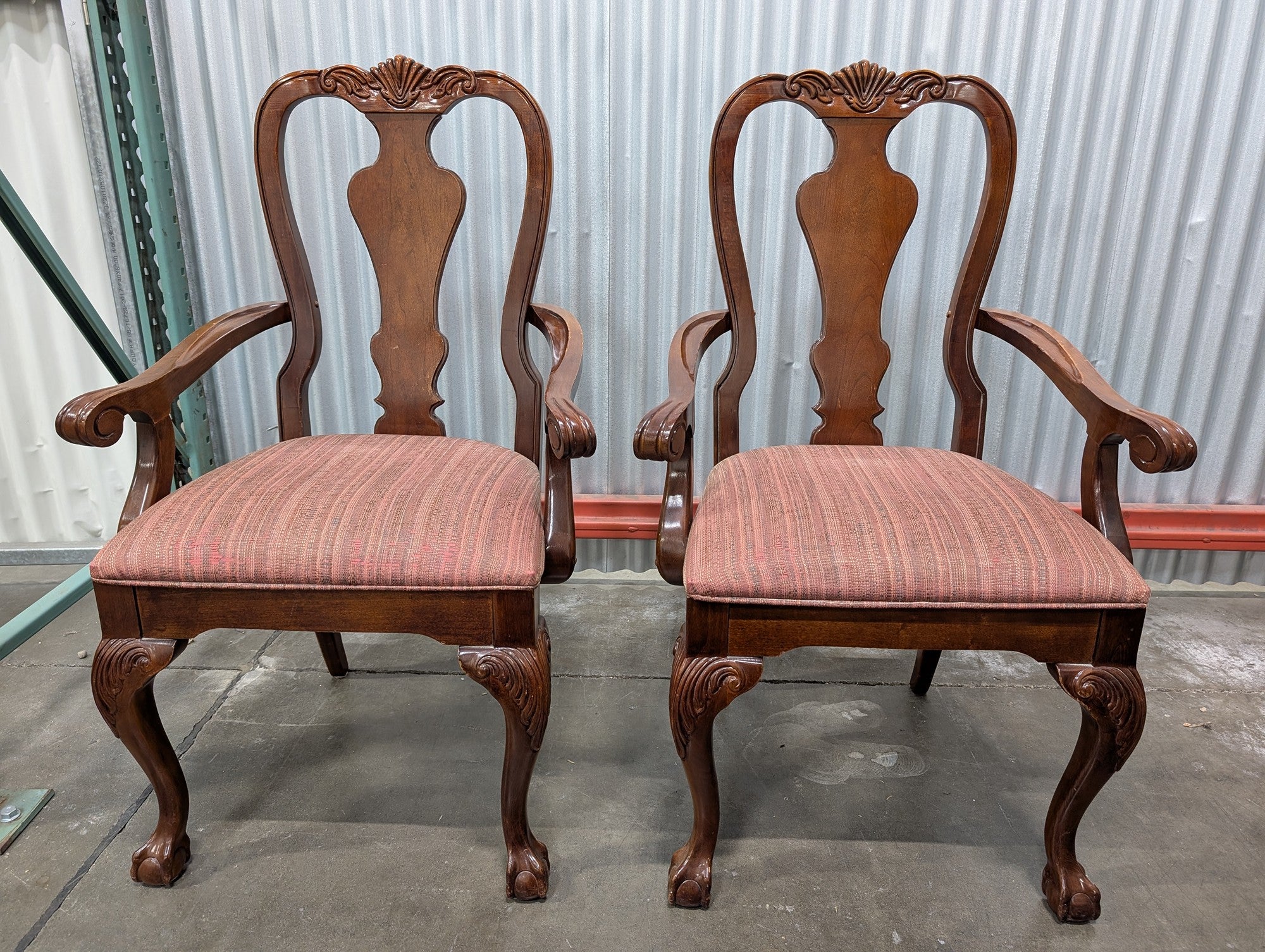 Pair of Traditional Thomasville Carved Wood Armchairs with Upholstered Seats
