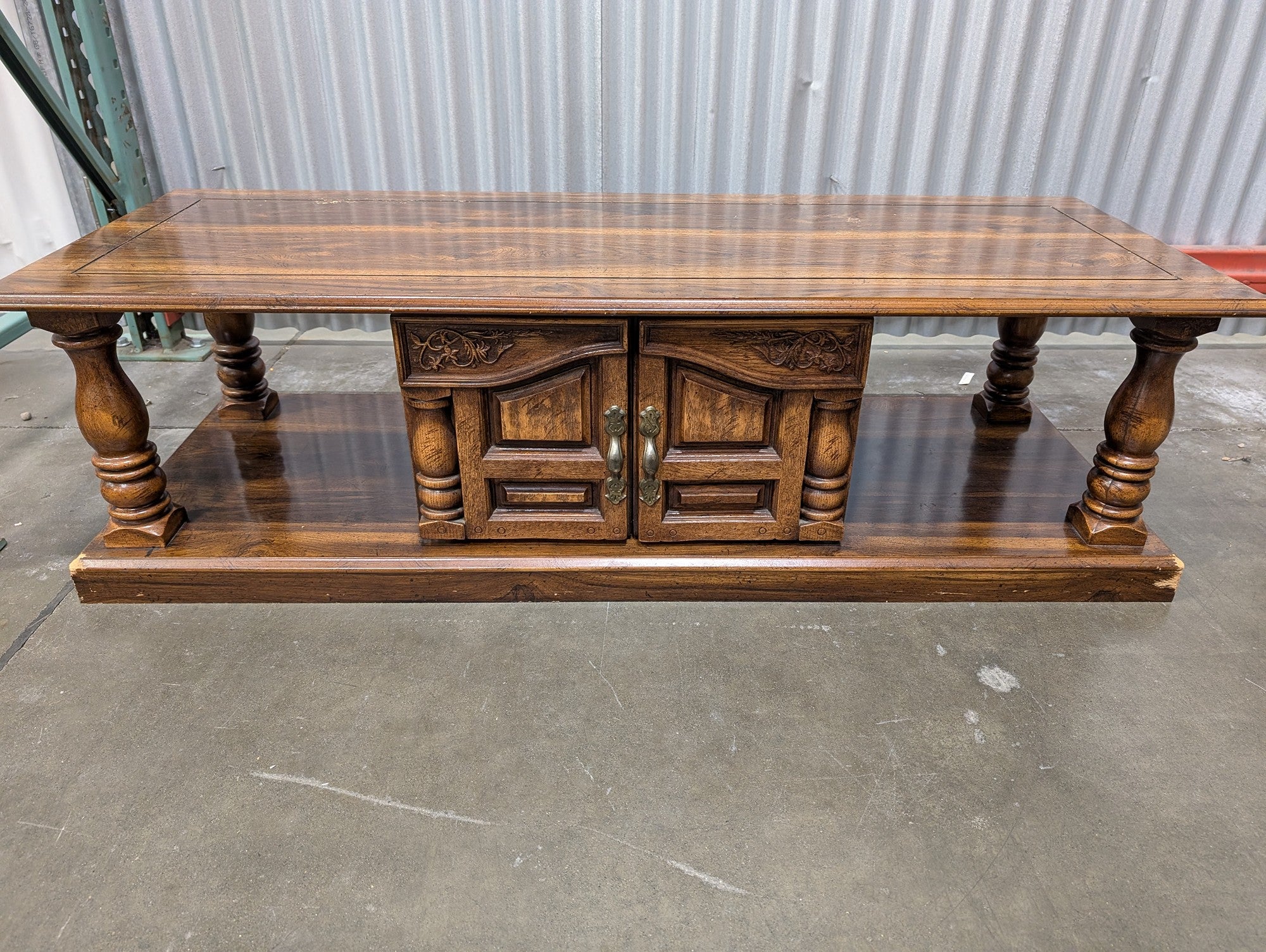 Traditional Carved Wood Coffee Table with Cabinet Storage