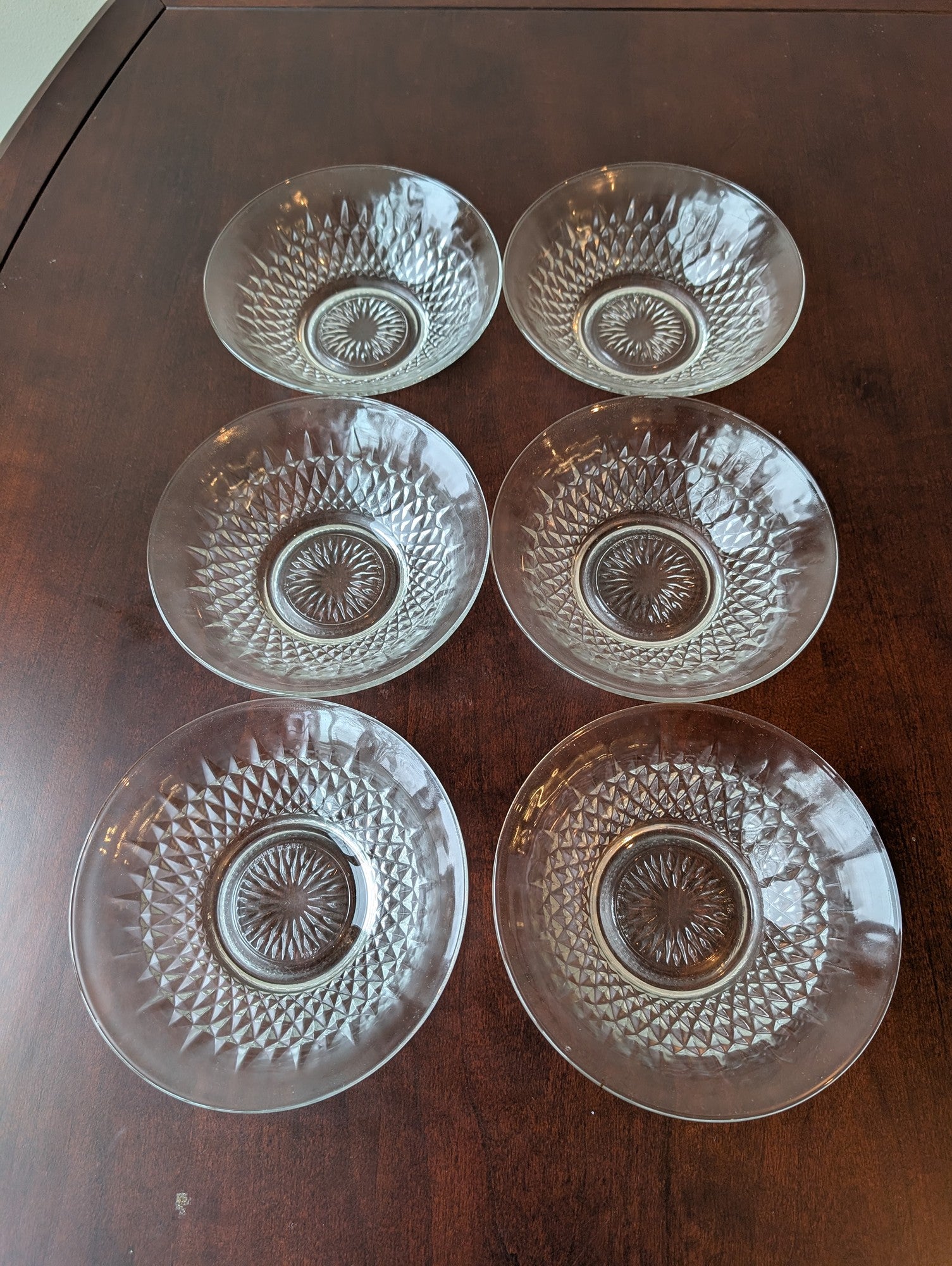 Set of Six Vintage Clear Glass Berry Bowls with Diamond Cut Design