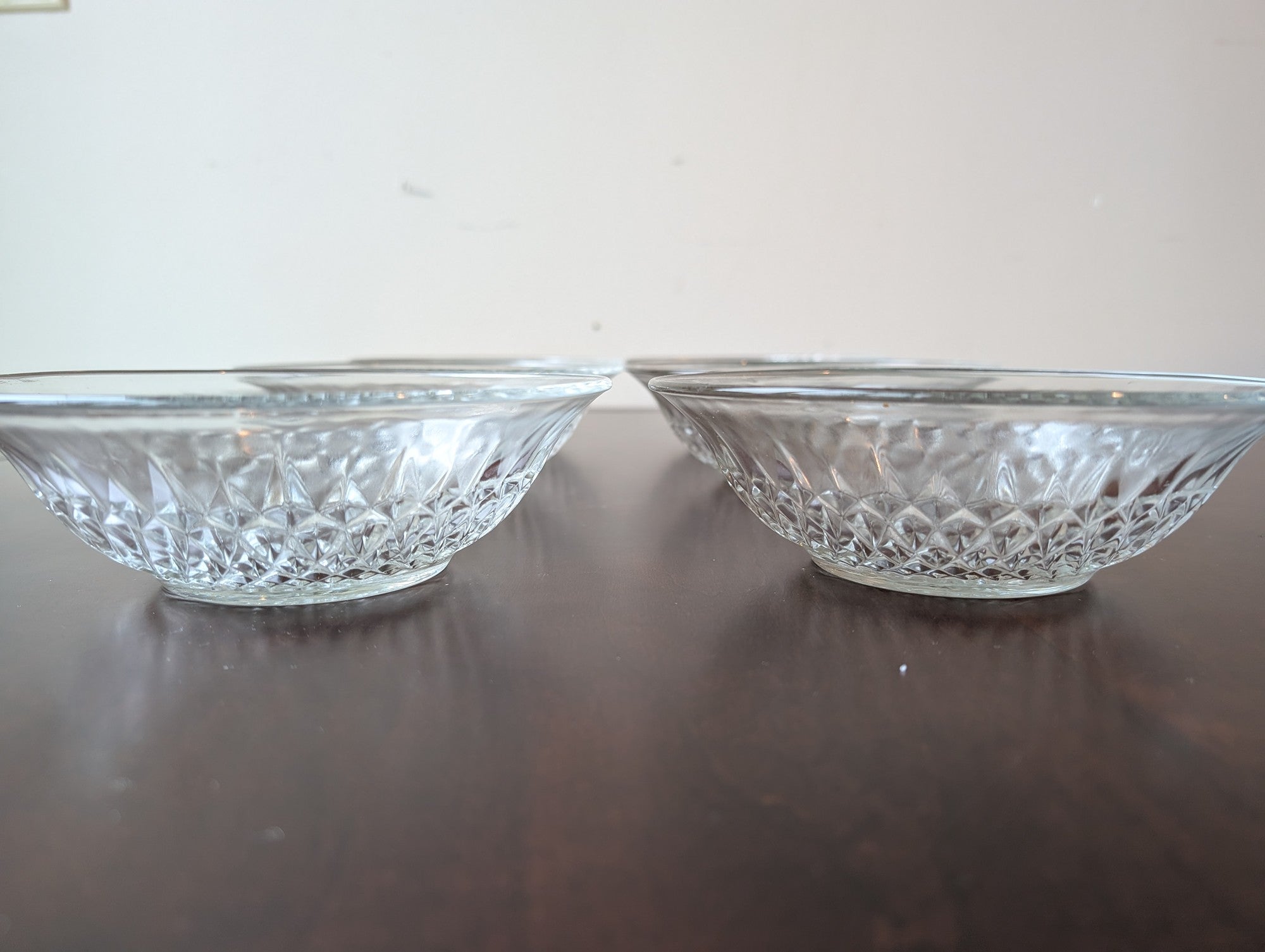 Set of Six Vintage Clear Glass Berry Bowls with Diamond Cut Design