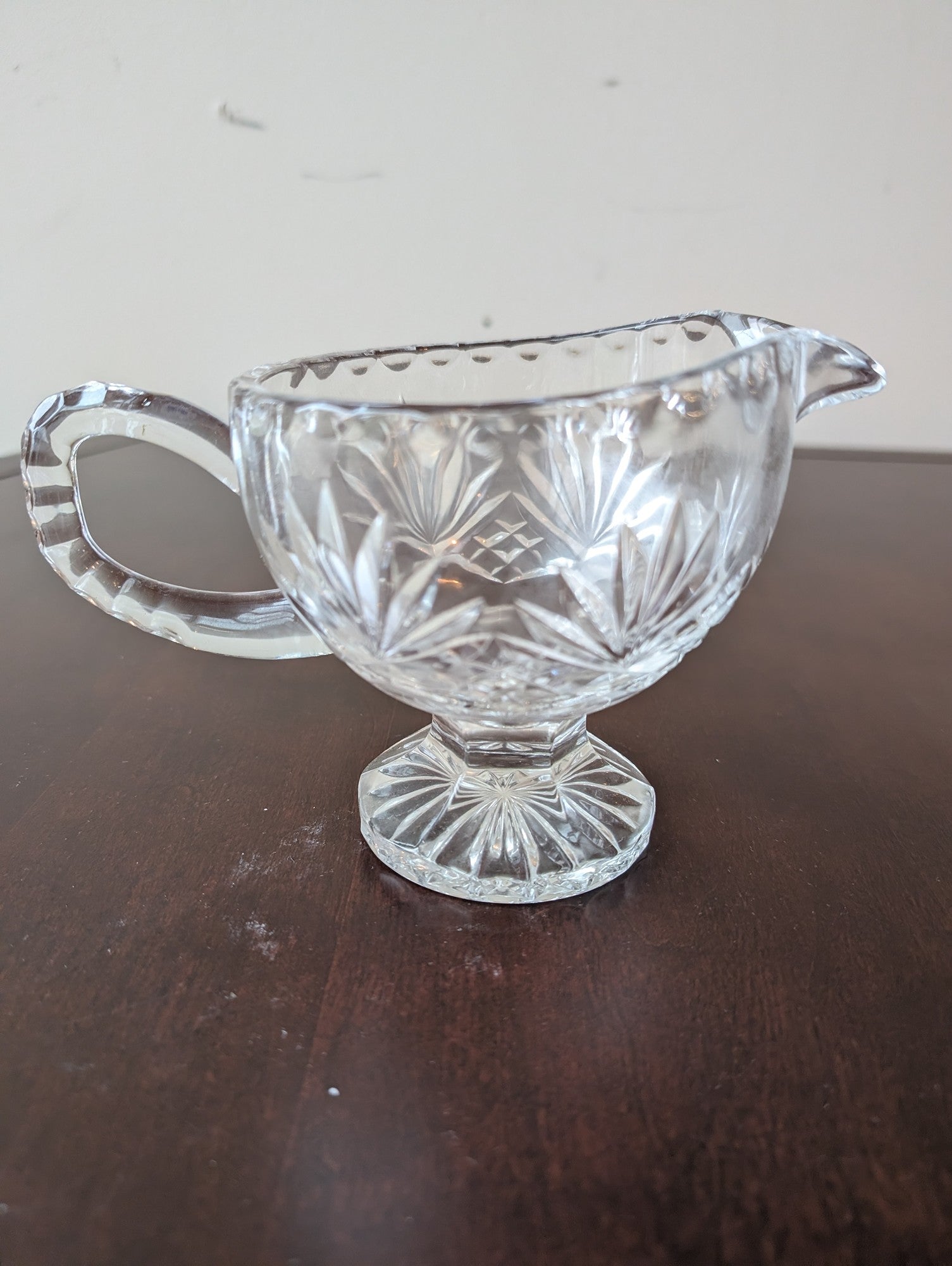 Vintage Clear Glass Footed Creamer with Cut Pattern
