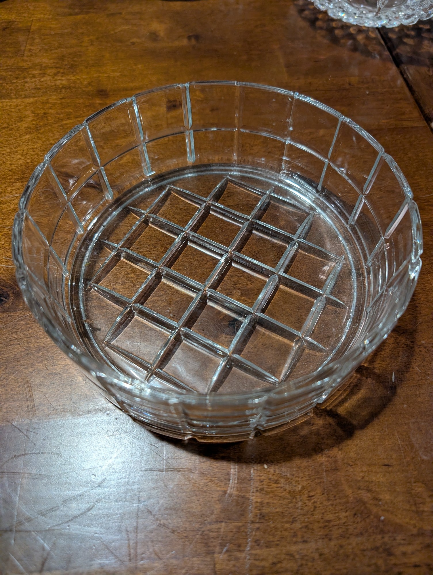Clear Glass Serving Bowl with Grid Pattern