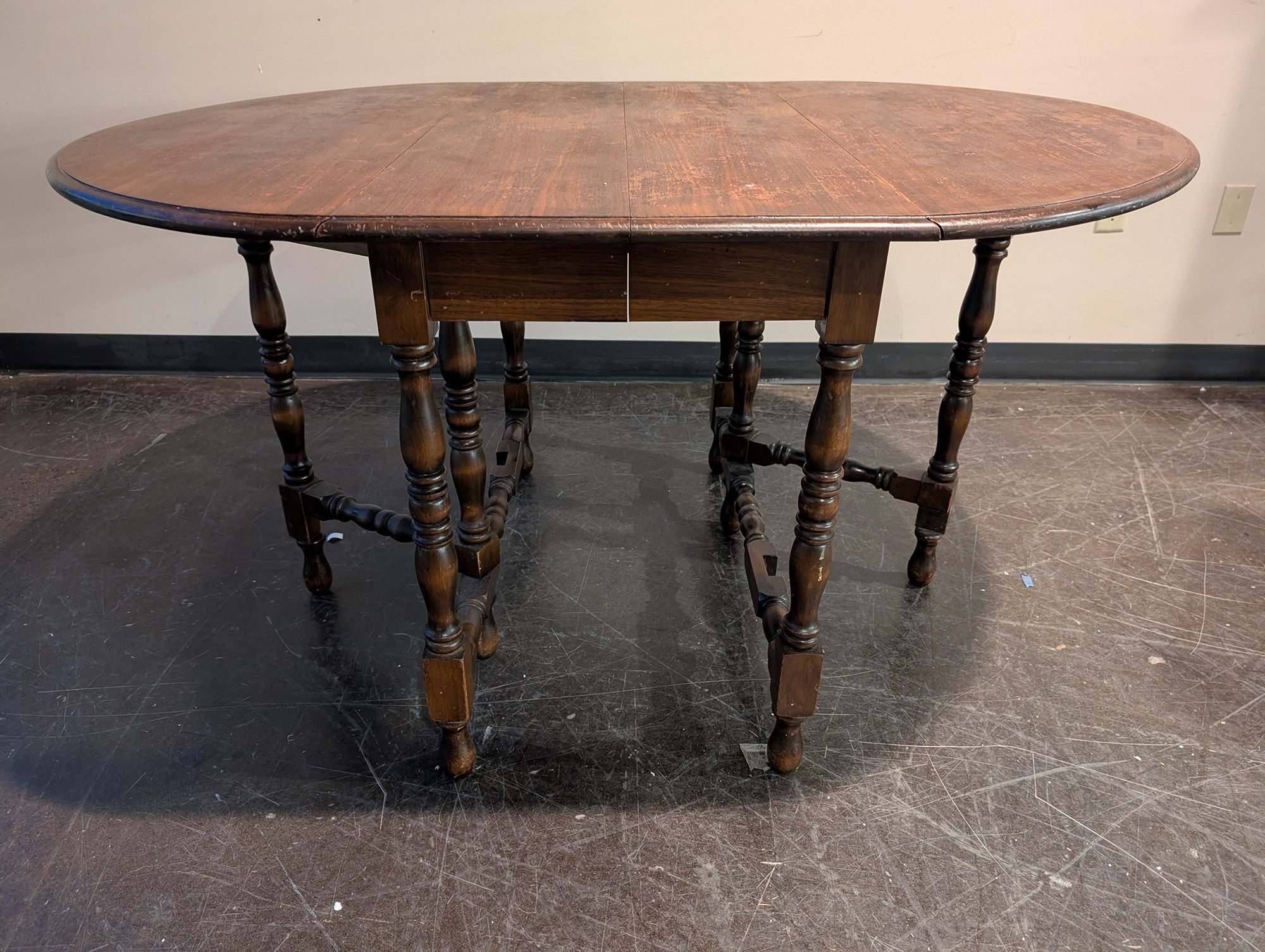 Vintage Dark Wood Drop-Leaf Dining Table with Turned Legs