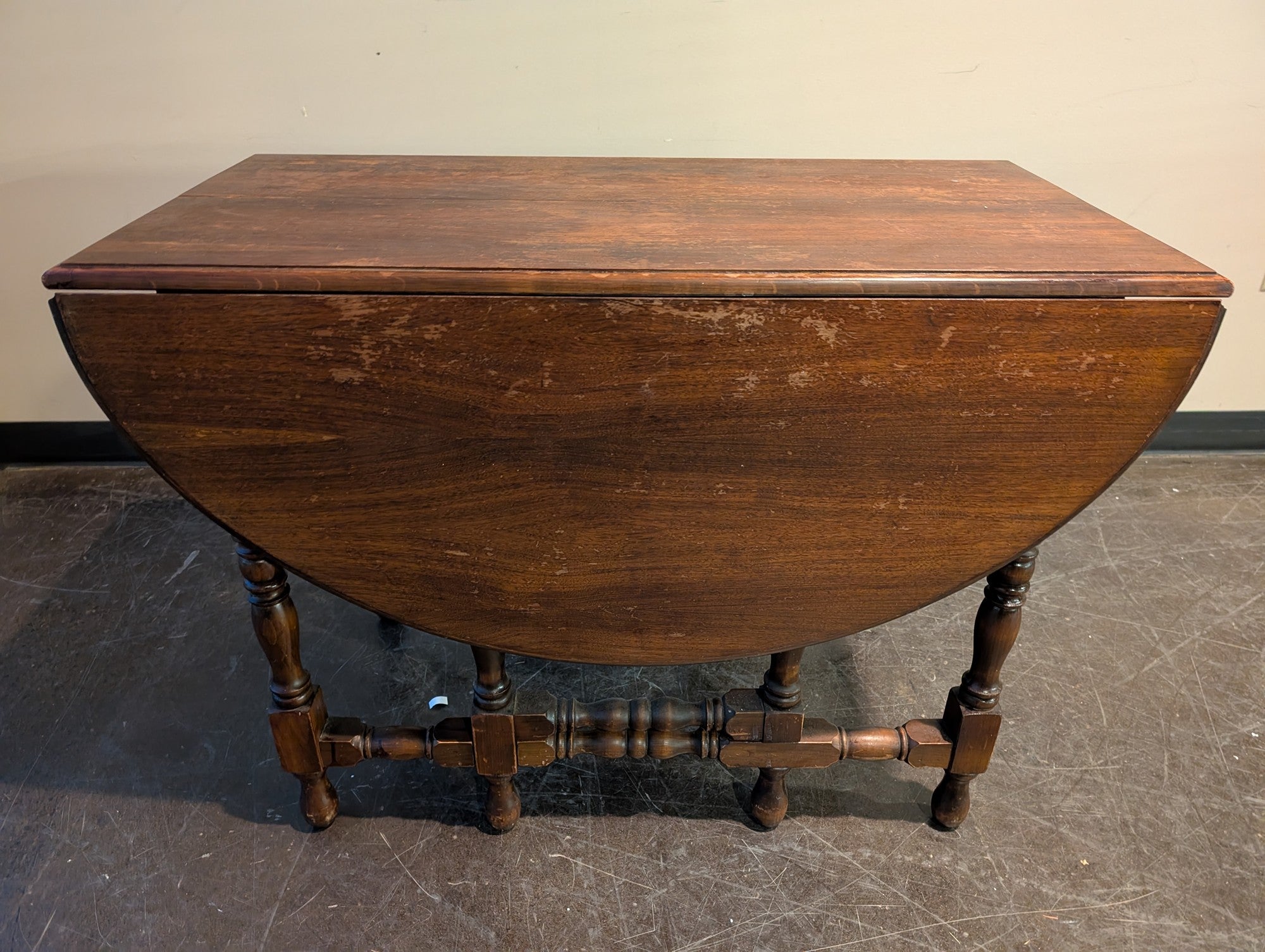 Vintage Dark Wood Drop-Leaf Dining Table with Turned Legs