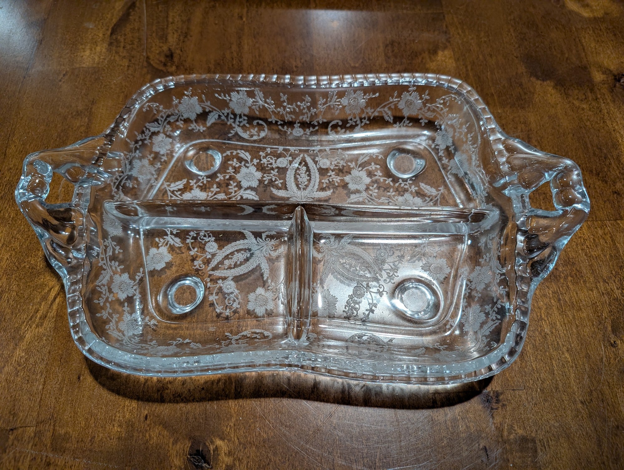 Vintage Etched Glass Divided Relish Tray with Handles