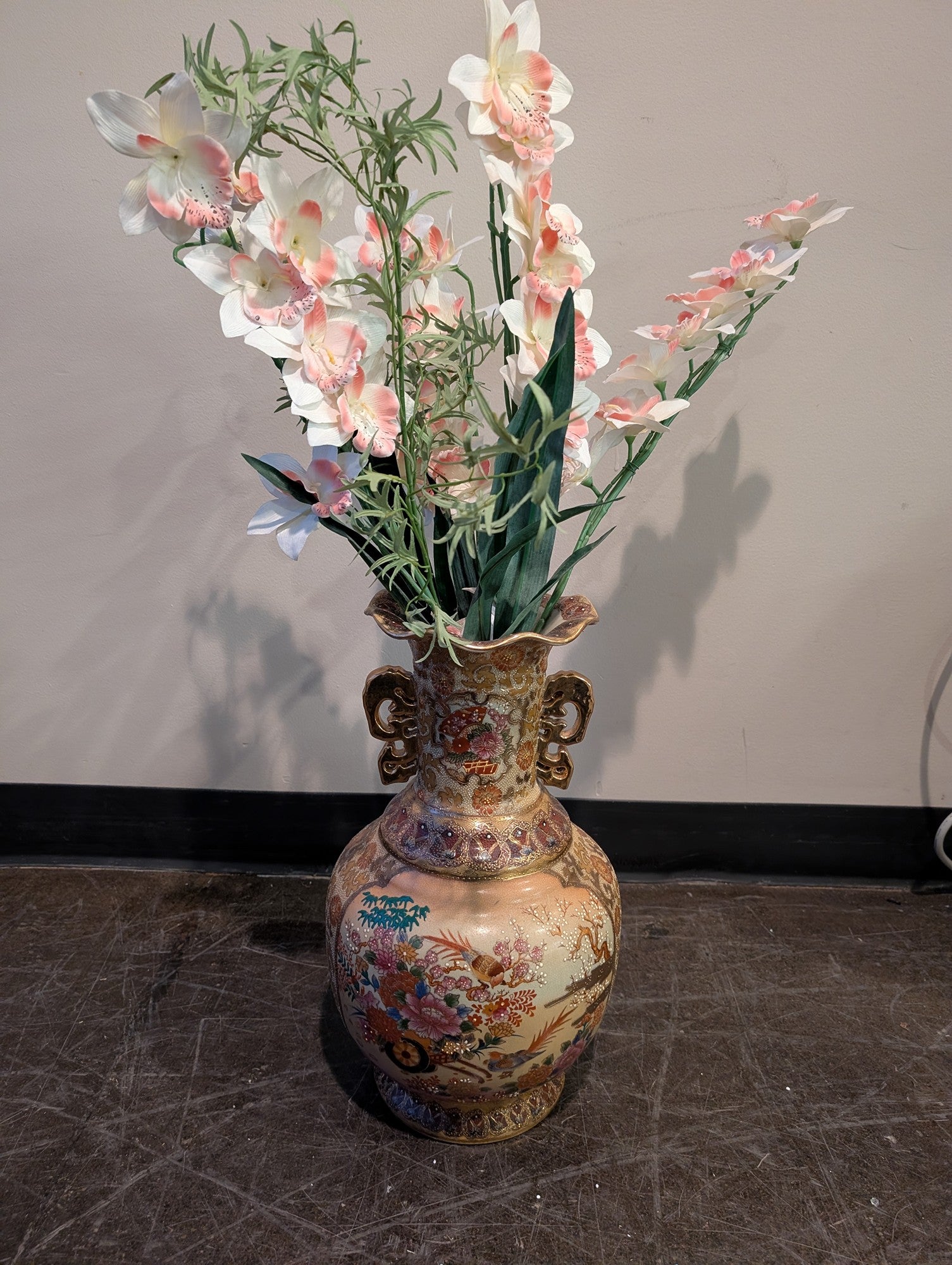 Ornate Hand-Decorated Ceramic Urn Vase with Gilded Accents