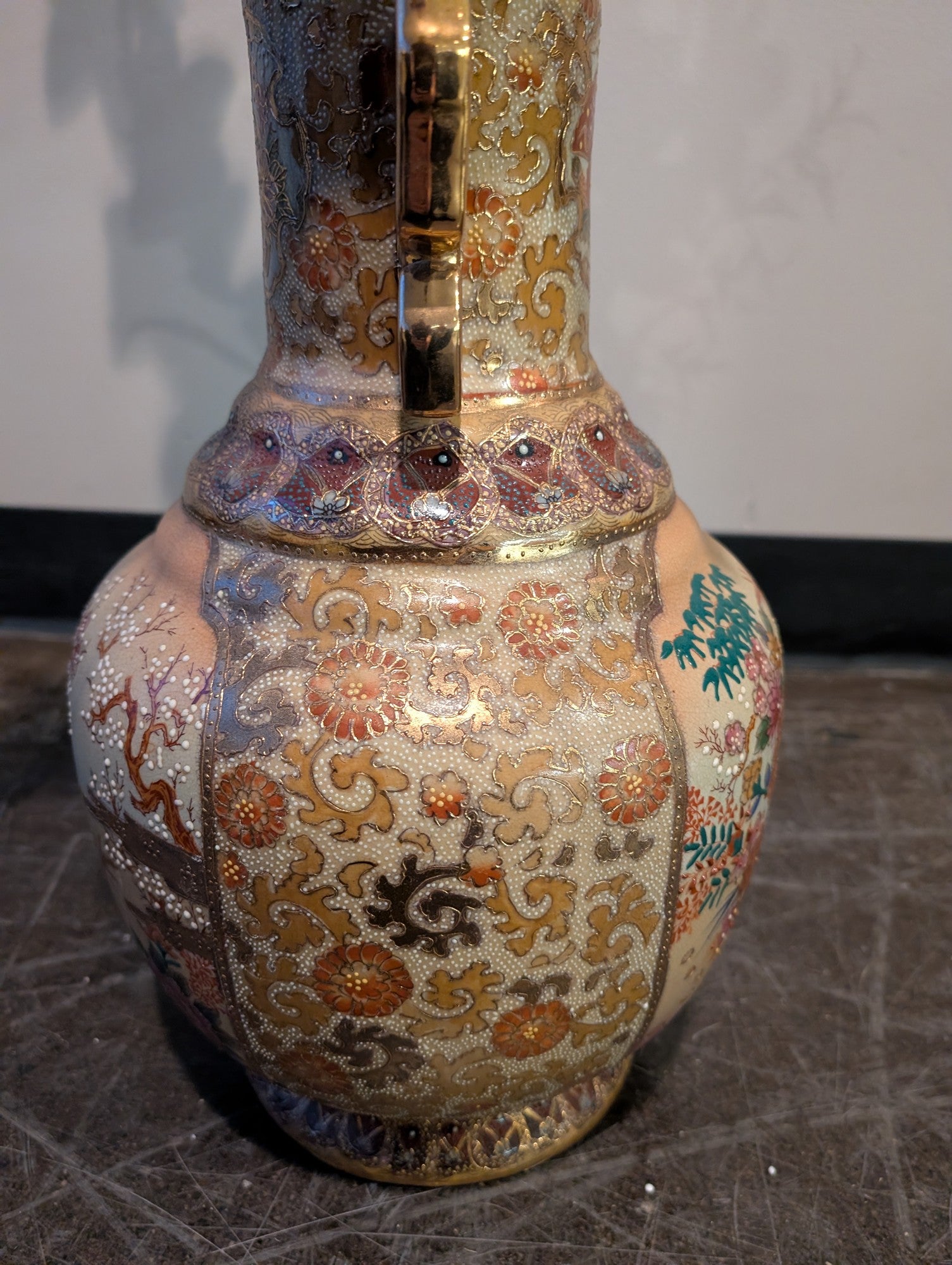 Ornate Hand-Decorated Ceramic Urn Vase with Gilded Accents
