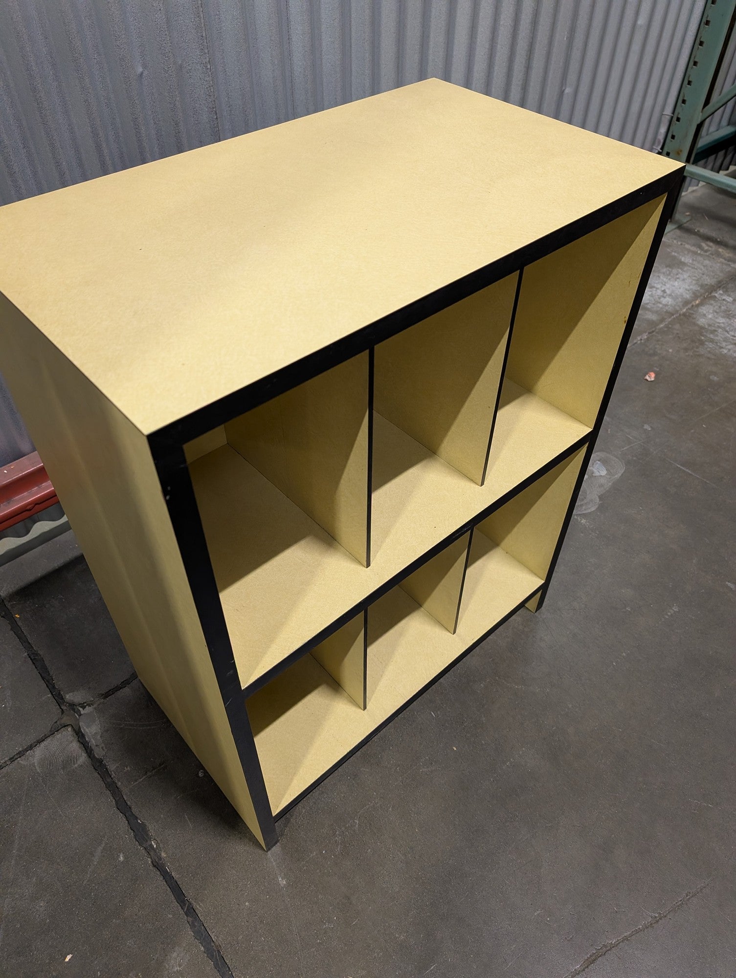 Versatile Six-Compartment Cubby Storage Unit, Black and Light Wood Tone