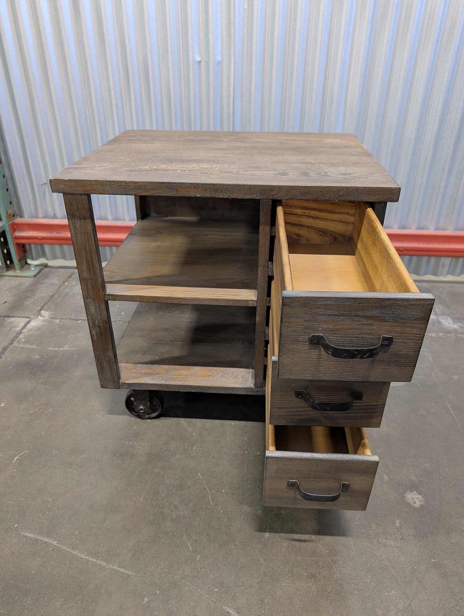 Rustic Wood Rolling Storage Cart with Drawers and Shelves