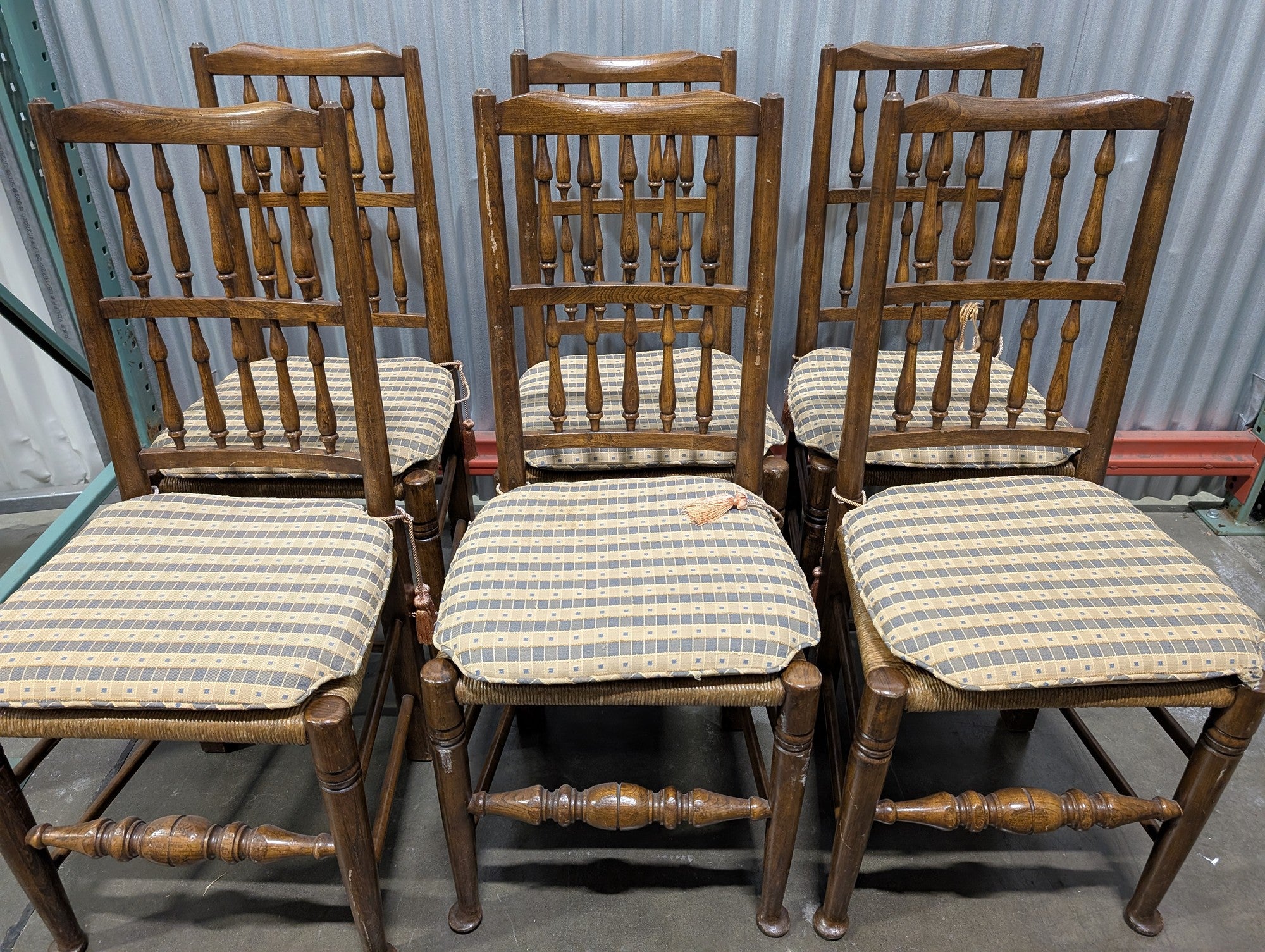 Set of Six Traditional Spindle Back Dining Chairs with Upholstered Seats