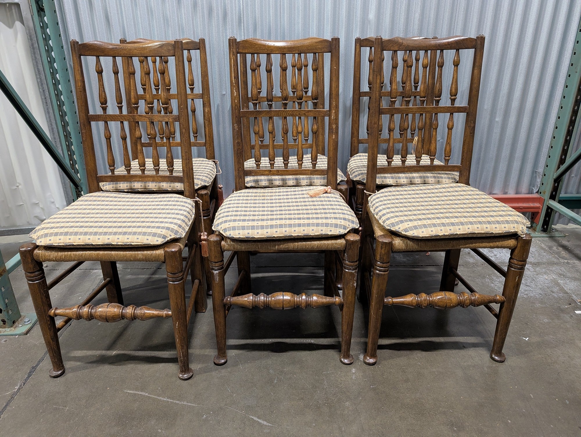 Set of Six Traditional Spindle Back Dining Chairs with Upholstered Seats