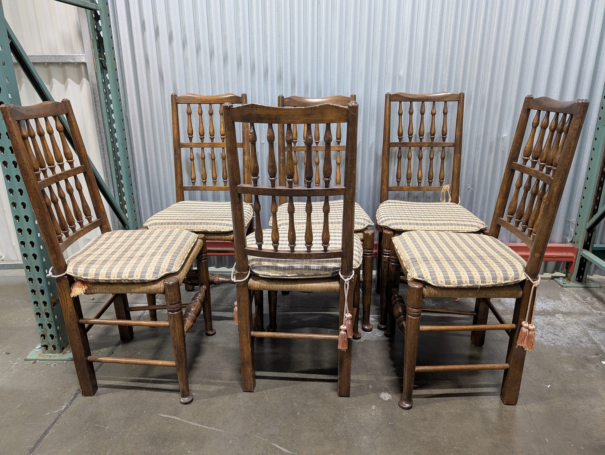 Set of Six Traditional Spindle Back Dining Chairs with Upholstered Seats