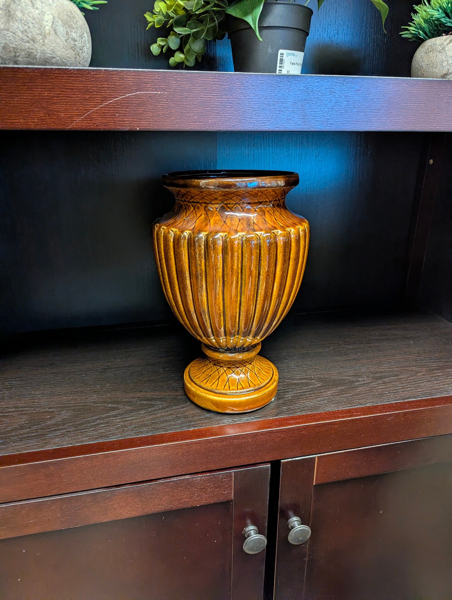 Vintage Ribbed Amber Glazed Ceramic Urn Vase