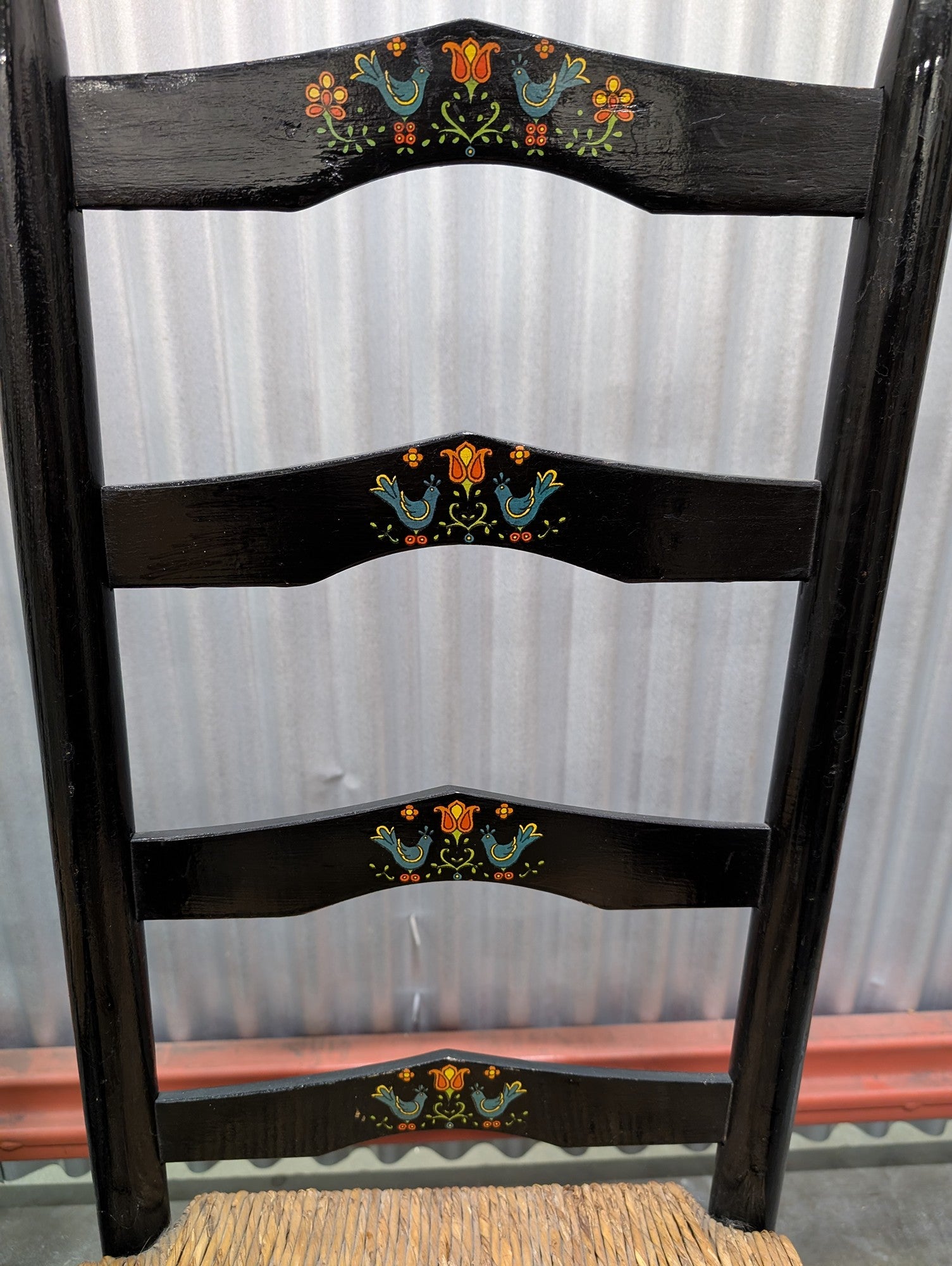 Pair of Folk Art Hand-Painted Ladder Back Dining Chairs with Rush Seats